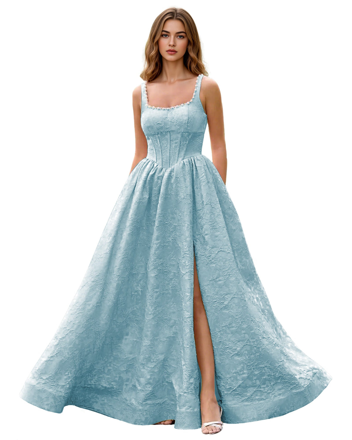 Light blue square-neck jacquard ball gown prom dress with wide straps and front slit