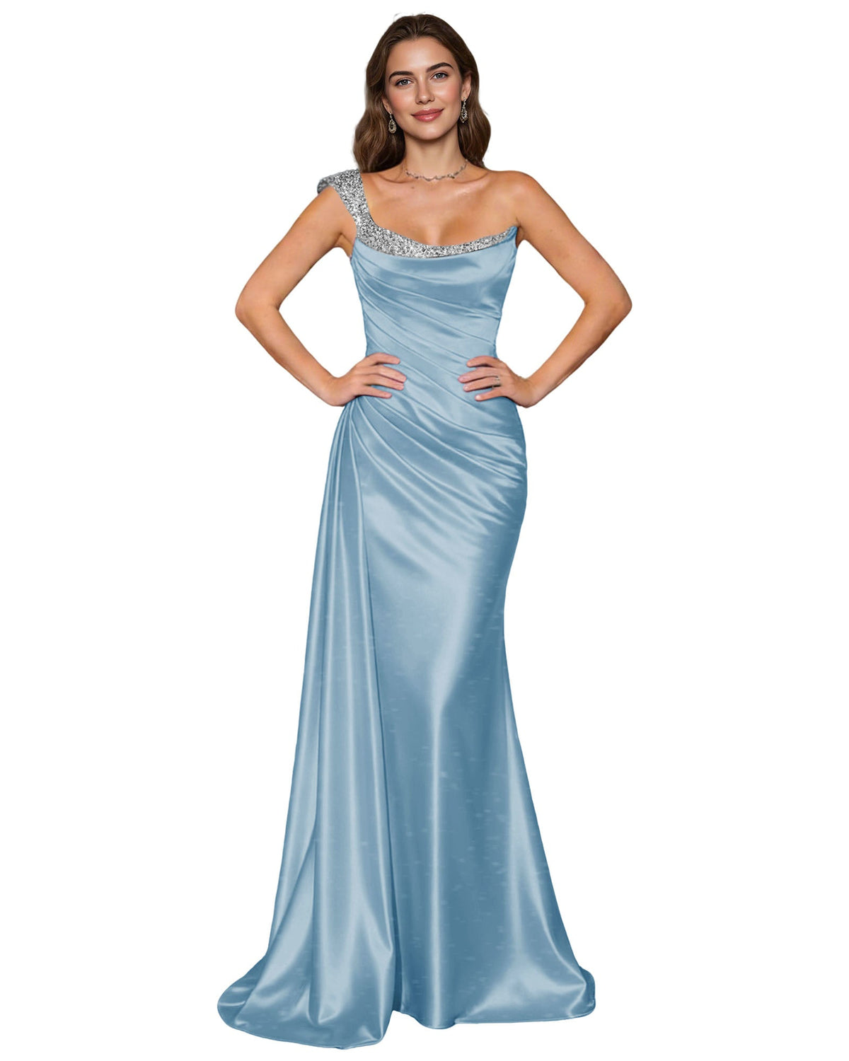 Powder blue satin mermaid prom dress with rhinestone-trim spaghetti straps and cowl neck