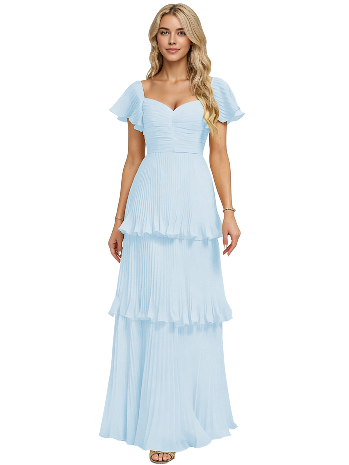 Tiered ruffle chiffon bridesmaid dress, sky blue, sweetheart neckline