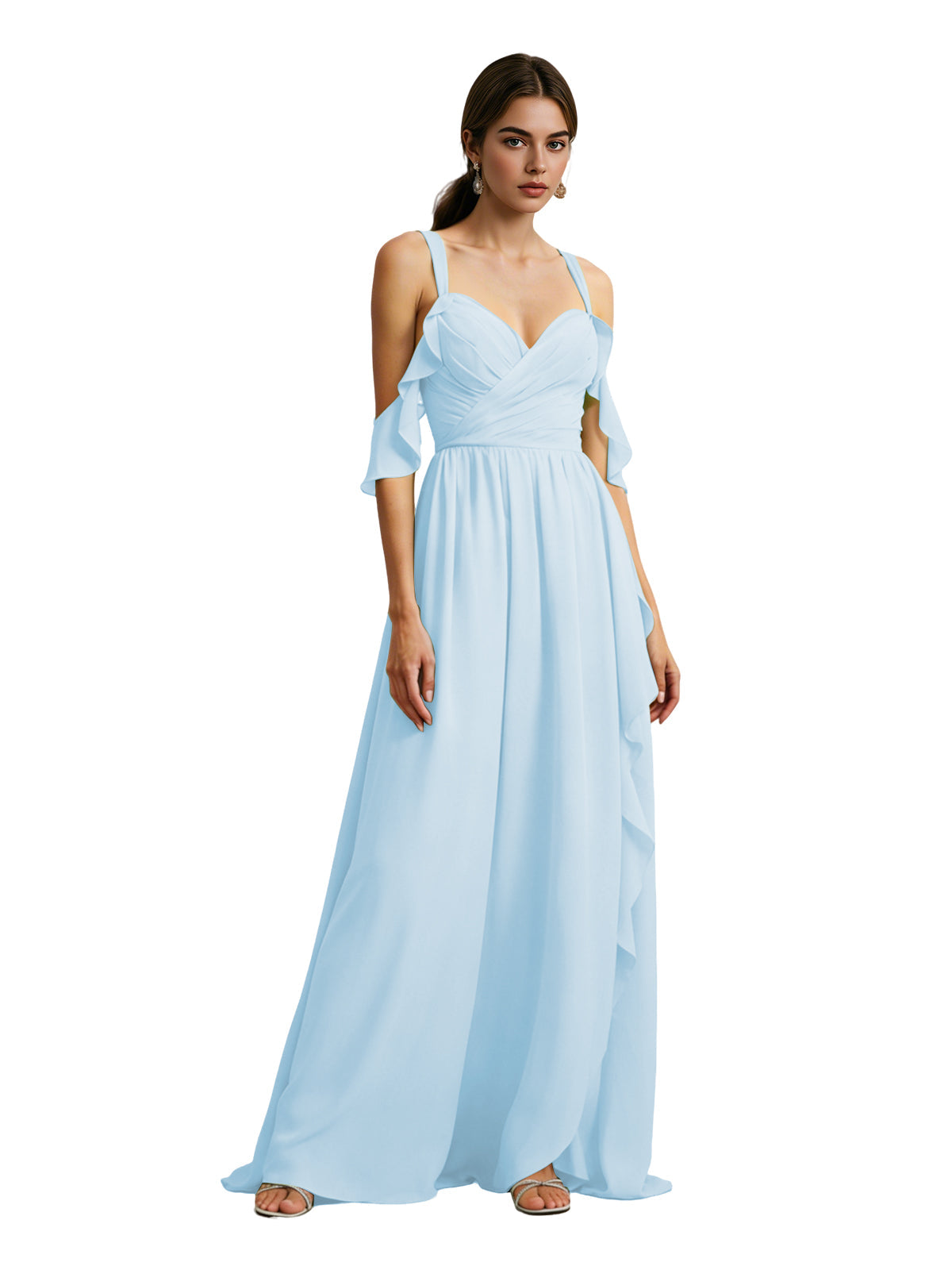 Cold-shoulder chiffon bridesmaid dress in pale sky blue, draped V-neck bodice, soft chiffon skirt