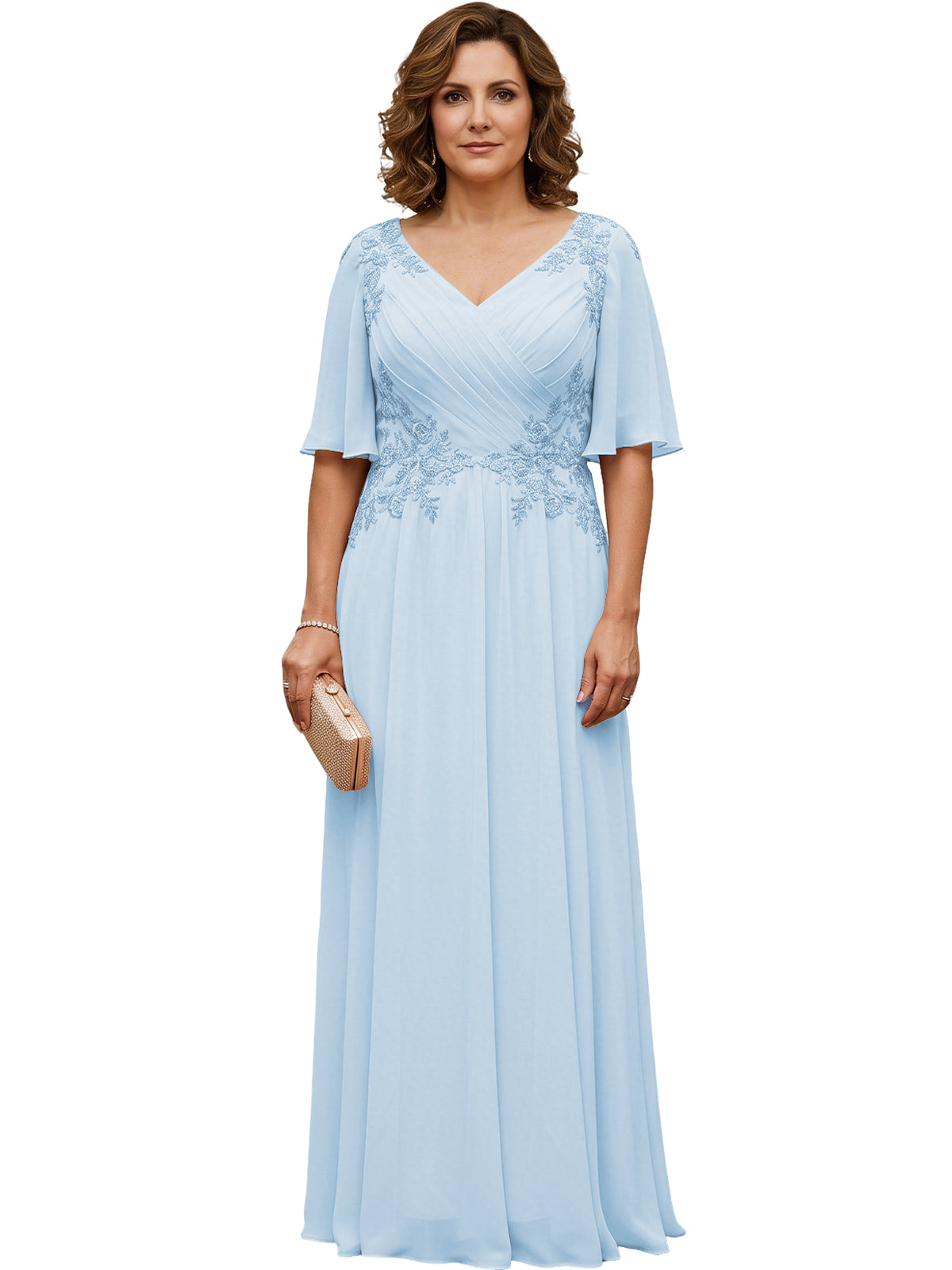 Women's long light blue chiffon A-line gown with flutter sleeves and beaded lace detail