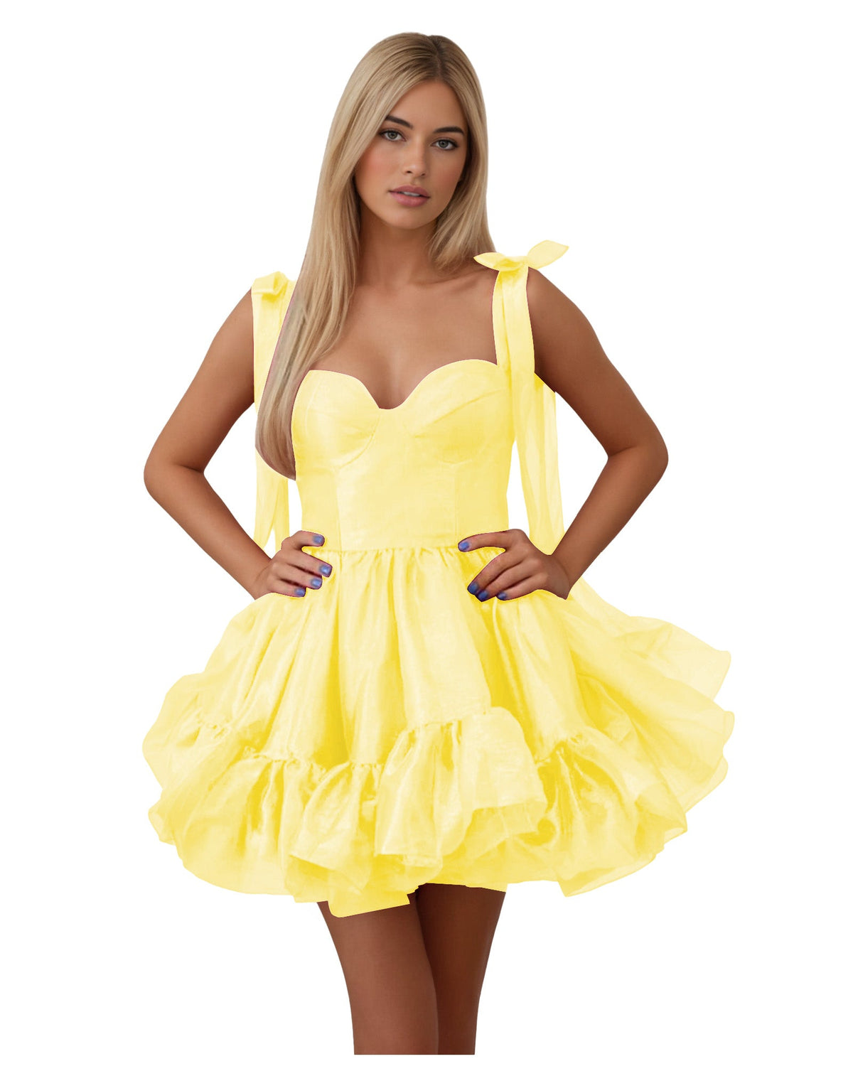 Yellow satin corset homecoming dress with bow-shoulder straps and tiered ruffle skirt