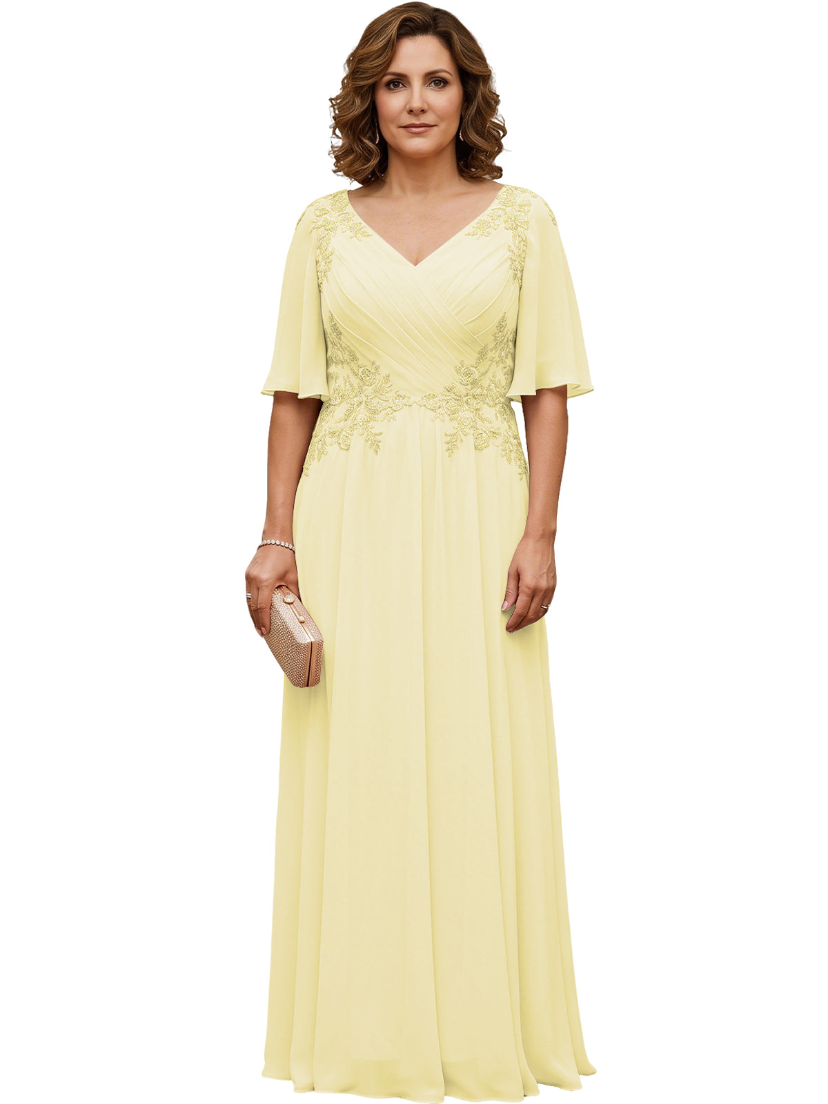 Women's long pale yellow chiffon A-line gown with flutter sleeves and beaded lace detail