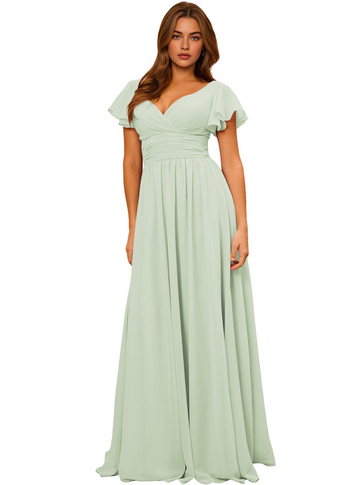 Sage green chiffon bridesmaid dress with V-neck, flutter sleeves, empire waist, long maxi skirt.