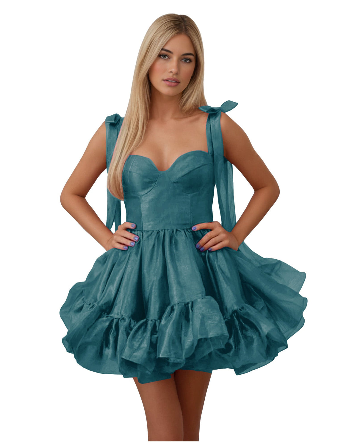 Teal satin corset homecoming dress with bow-shoulder straps and tiered ruffle skirt