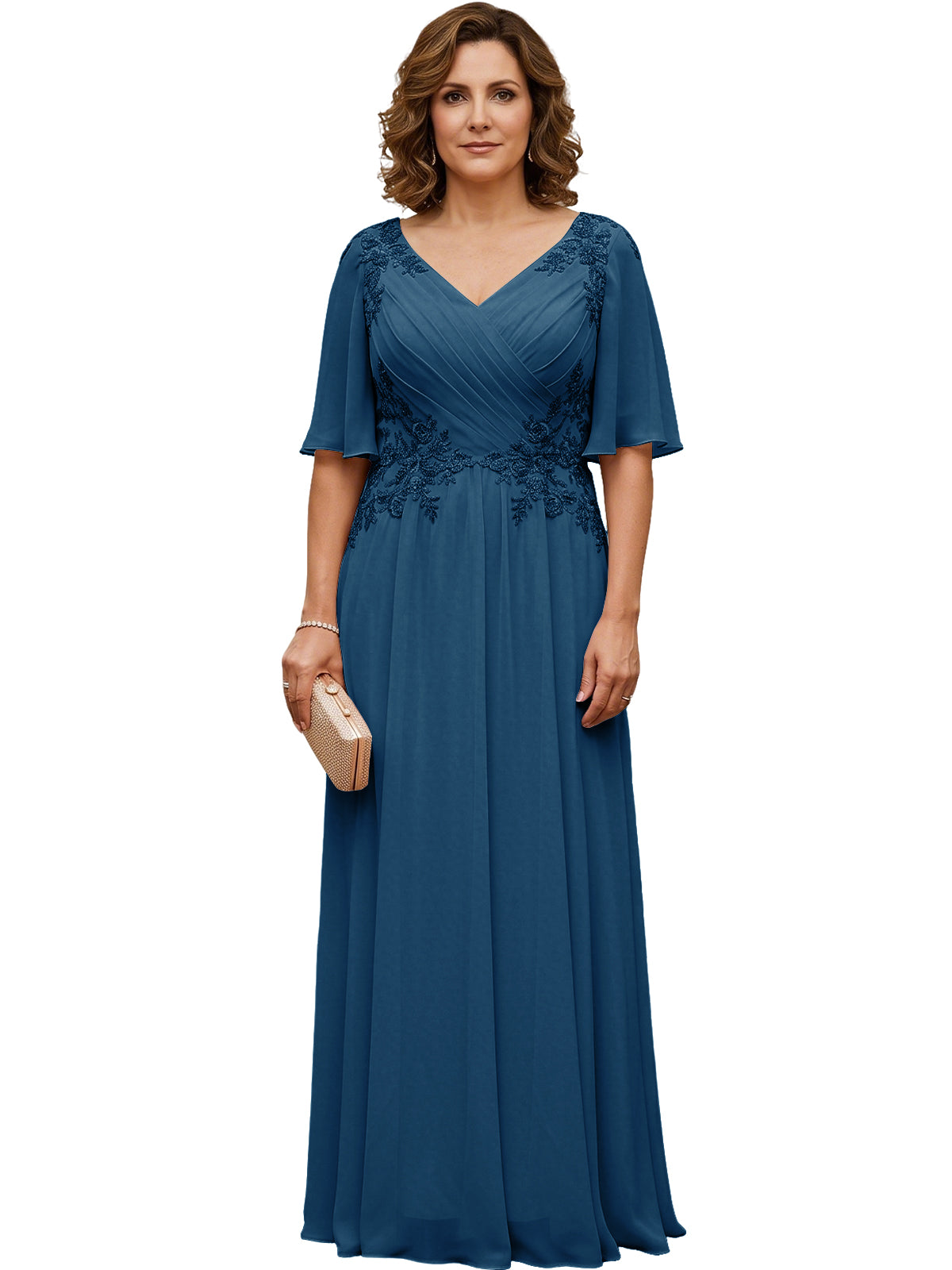 Women's long teal-blue chiffon A-line gown with flutter sleeves and beaded lace detail