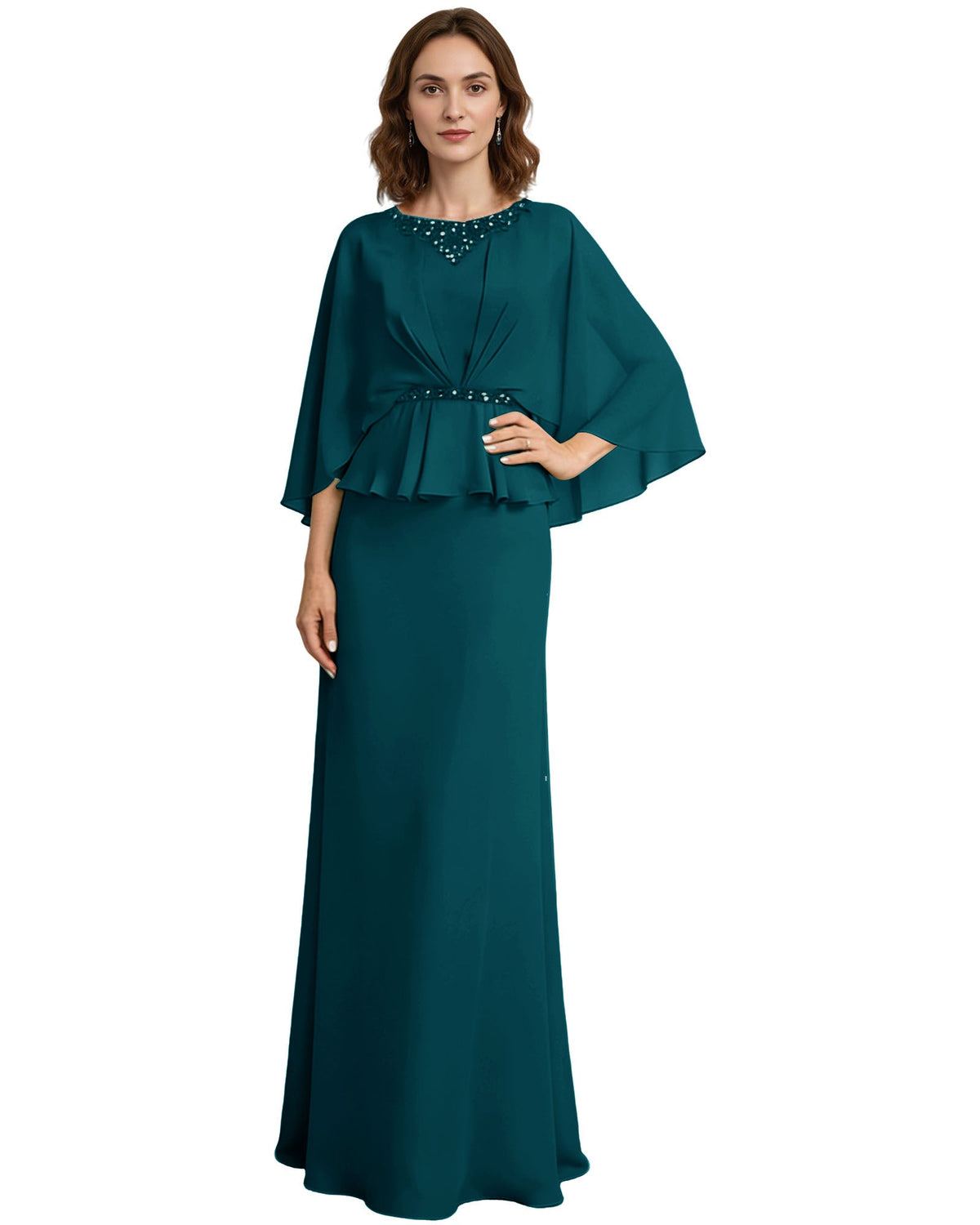 Deep teal long formal gown with beaded neckline, capelet sleeves, and peplum waist detail.