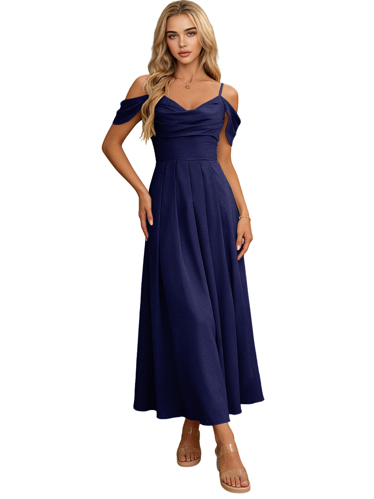 Navy off-shoulder midi bridesmaid dress with pleated bodice and flowing skirt