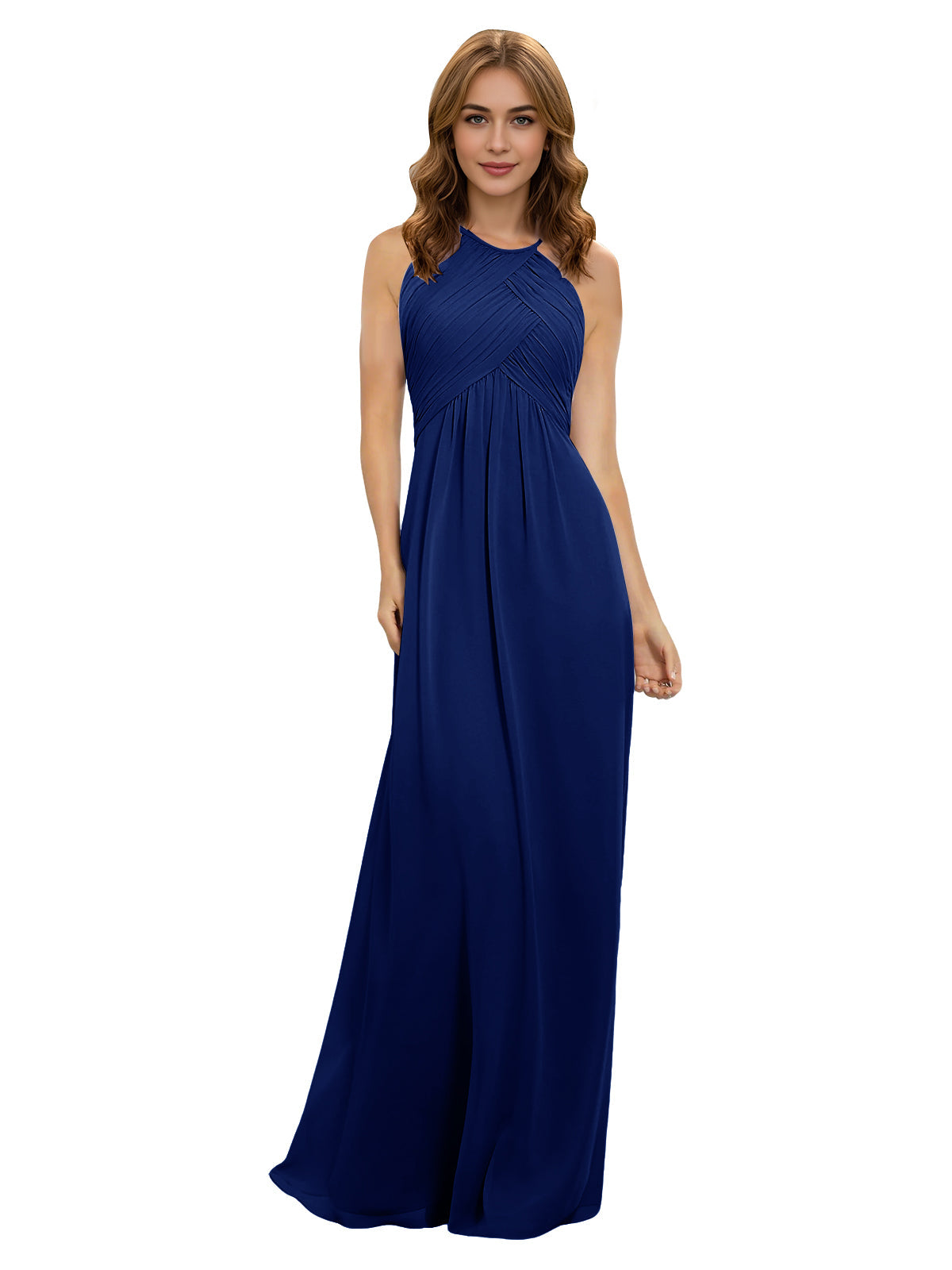 Royal blue chiffon bridesmaid dress with twisted halter neckline and keyhole bodice