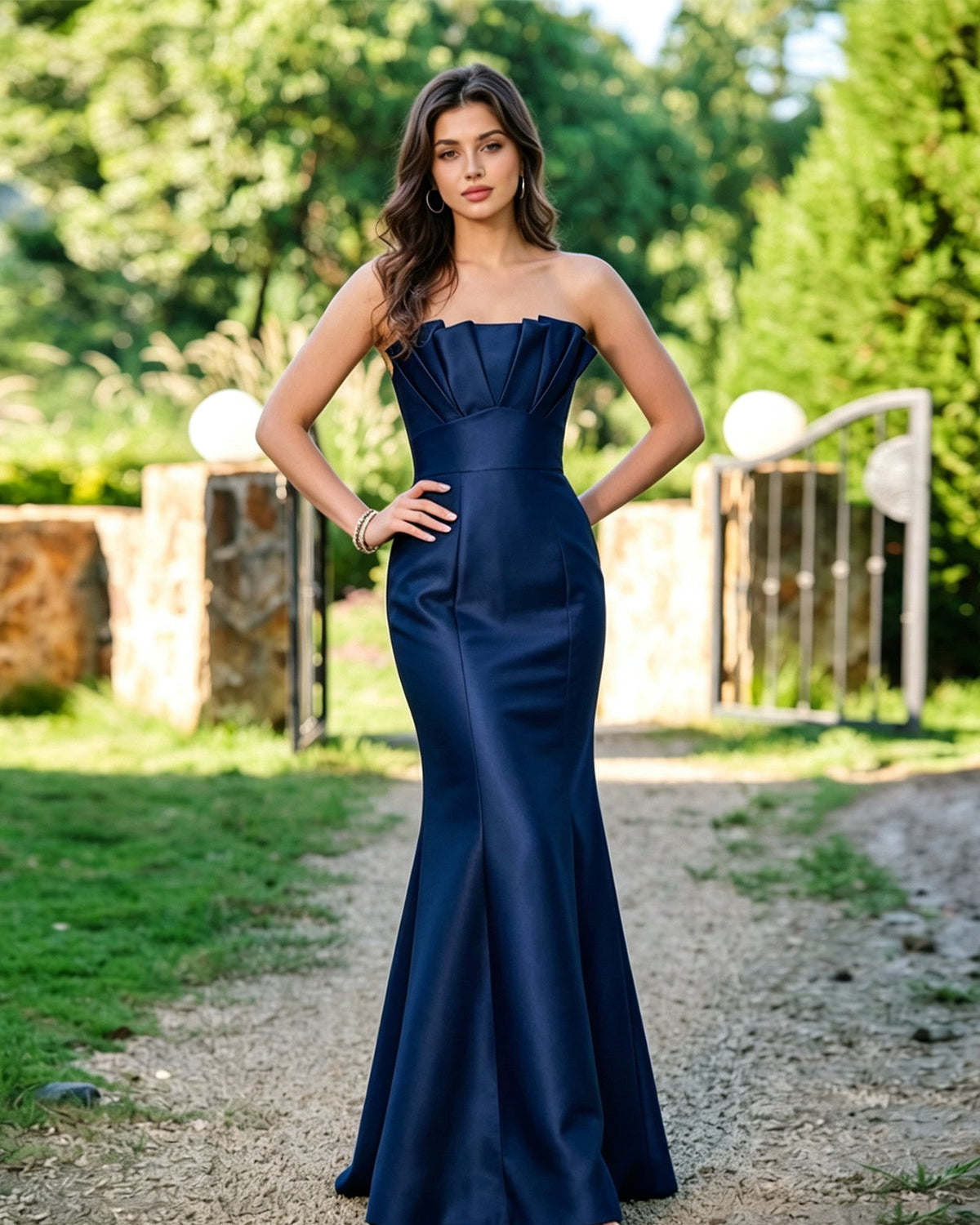 Navy strapless pleated bodice formal mermaid dress, fitted waist, flared skirt