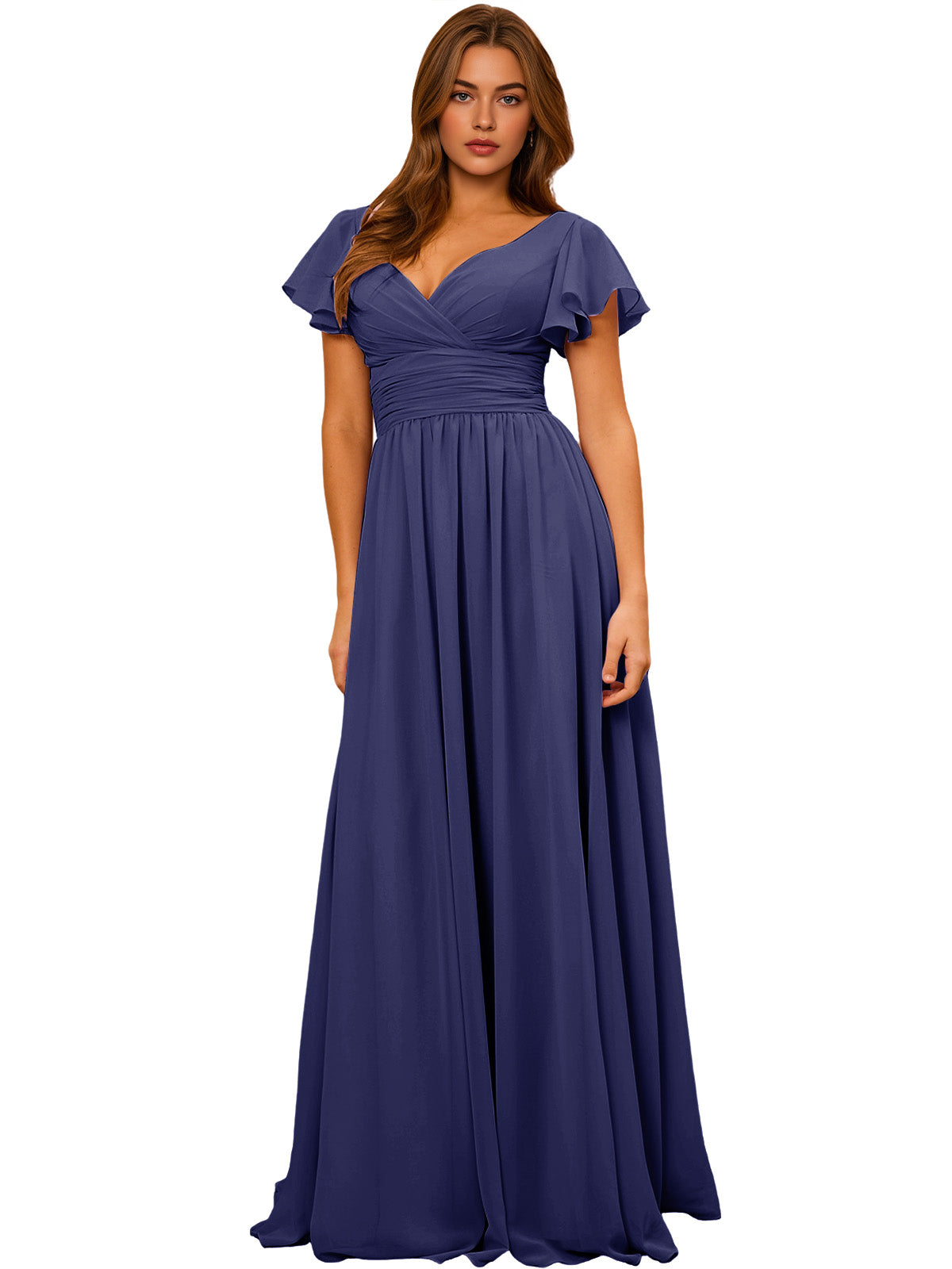 Navy chiffon bridesmaid dress with V-neck, flutter sleeves, empire waist, long maxi skirt.