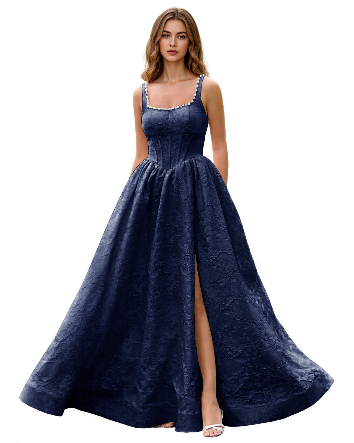 Dark blue square-neck jacquard ball gown with wide straps and front slit