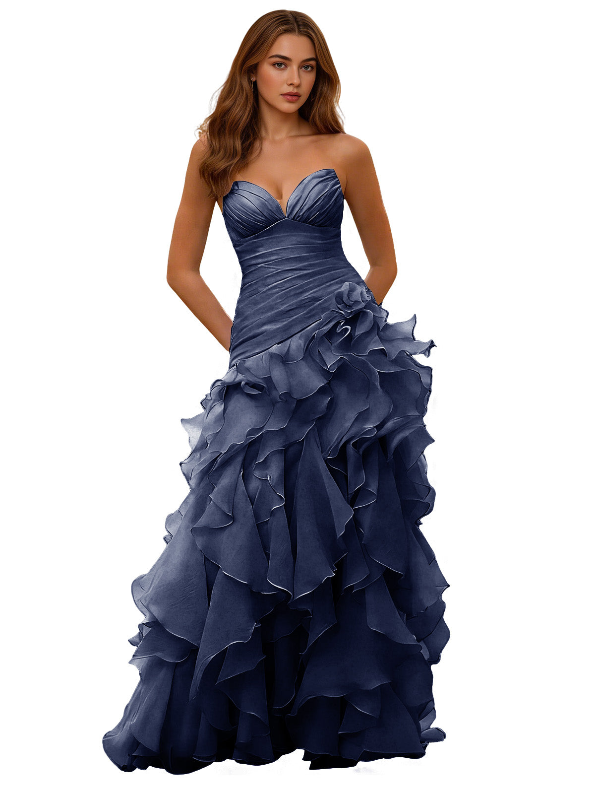 Dark blue strapless ruffle ball gown with draped corset bodice