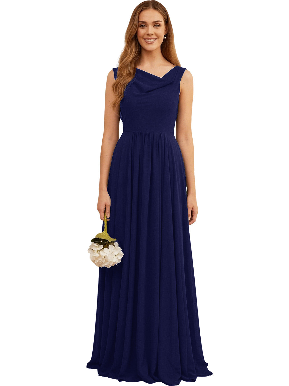 Navy sleeveless chiffon bridesmaid dress with pleated skirt and jewel neckline