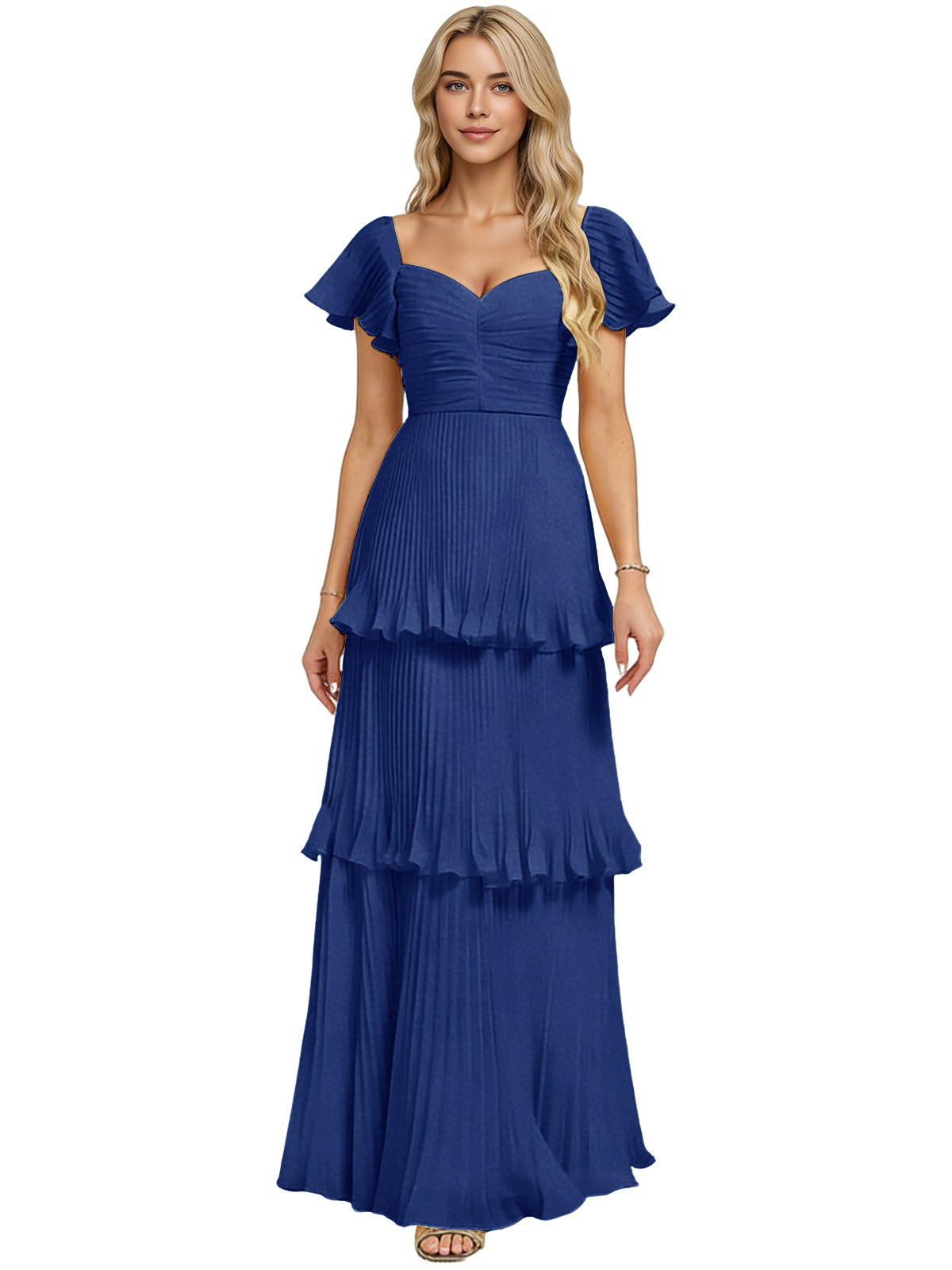 Tiered ruffle chiffon bridesmaid dress, royal blue, sweetheart neckline