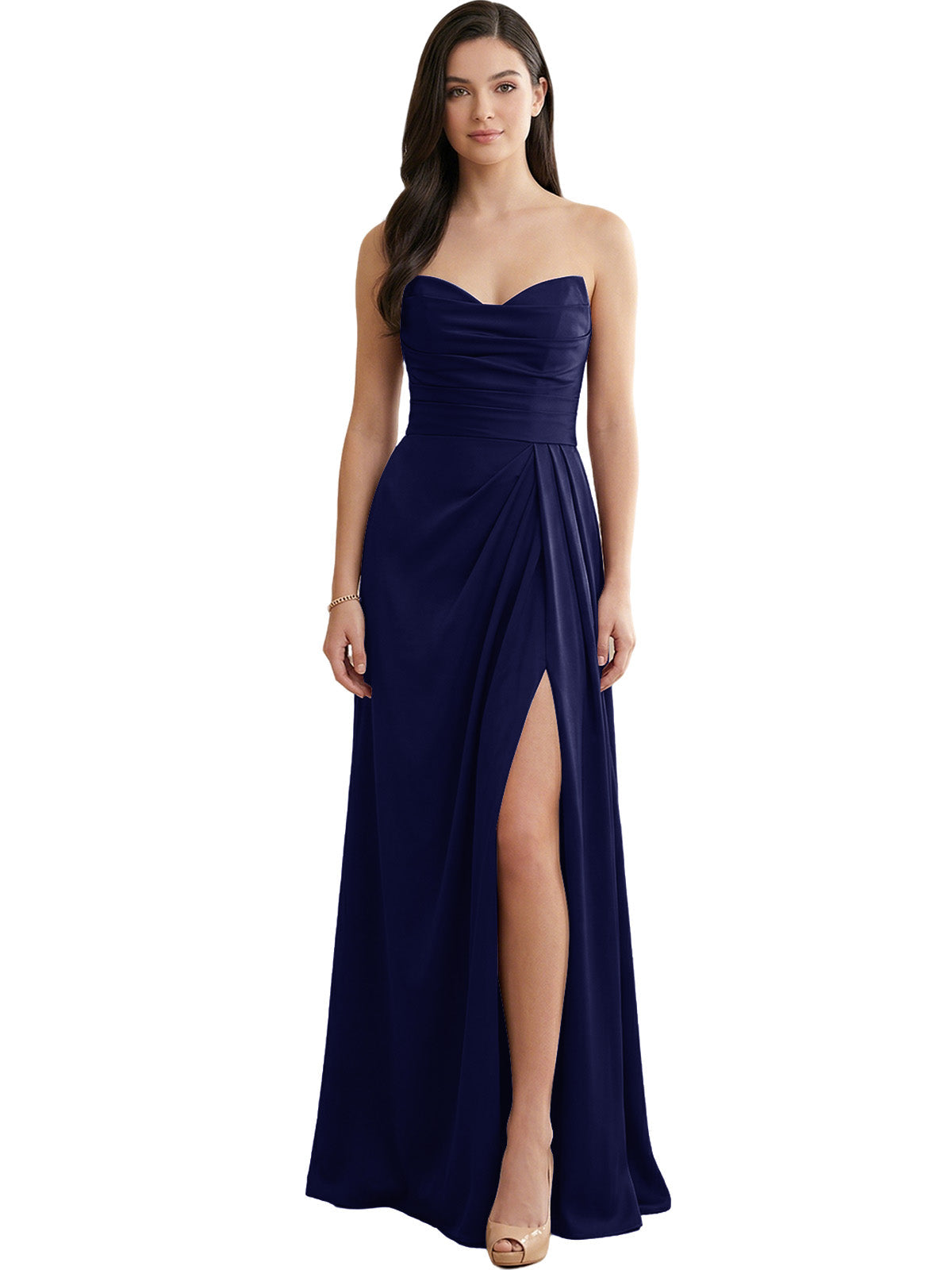 Strapless satin bridesmaid dress in navy blue with pleats and side slit