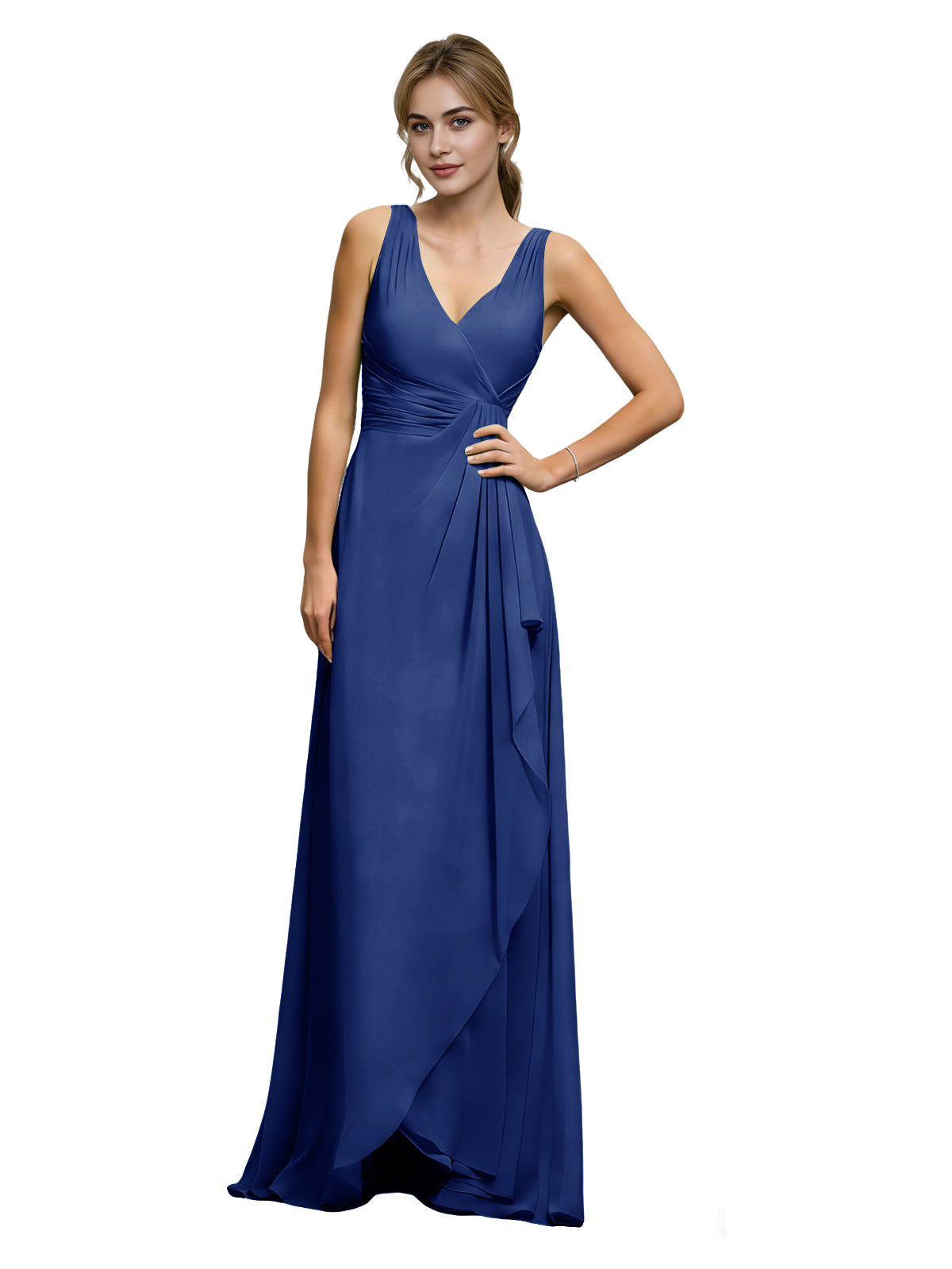 Navy blue halter V-neck chiffon bridesmaid dress with draped sash waist