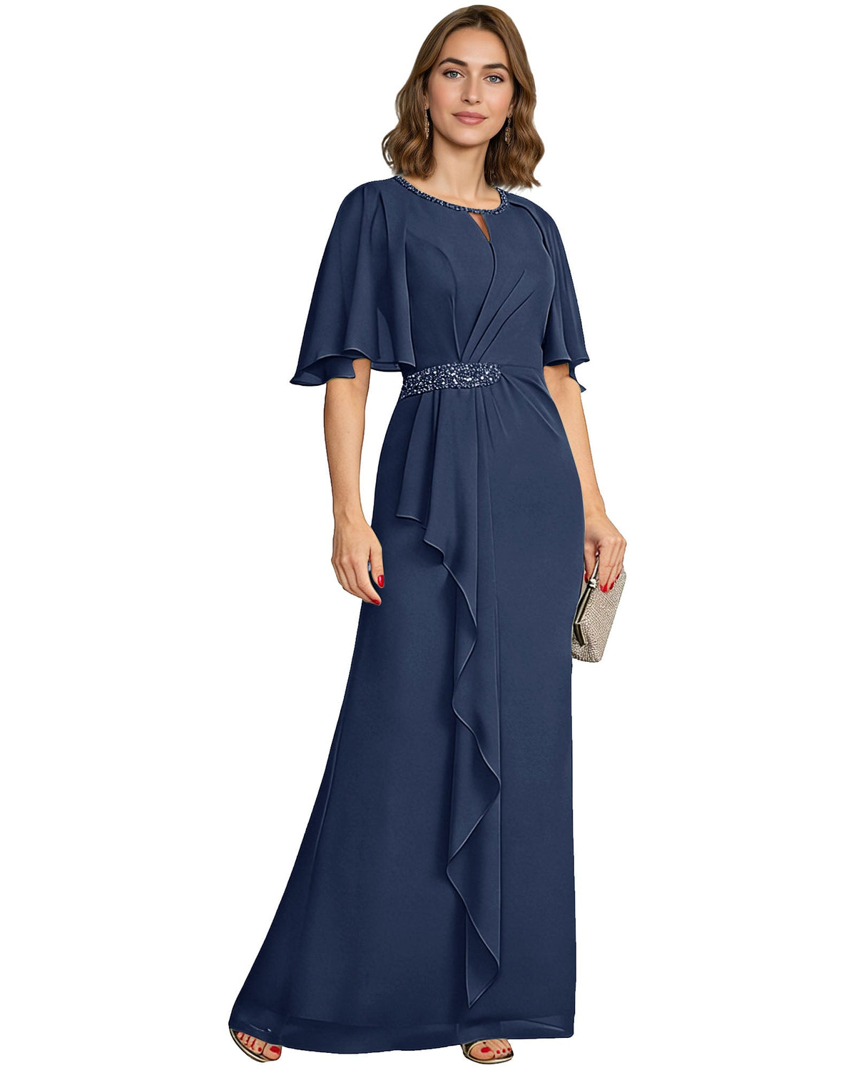 Navy blue chiffon A-line formal gown with flutter sleeves and beaded waist detail.