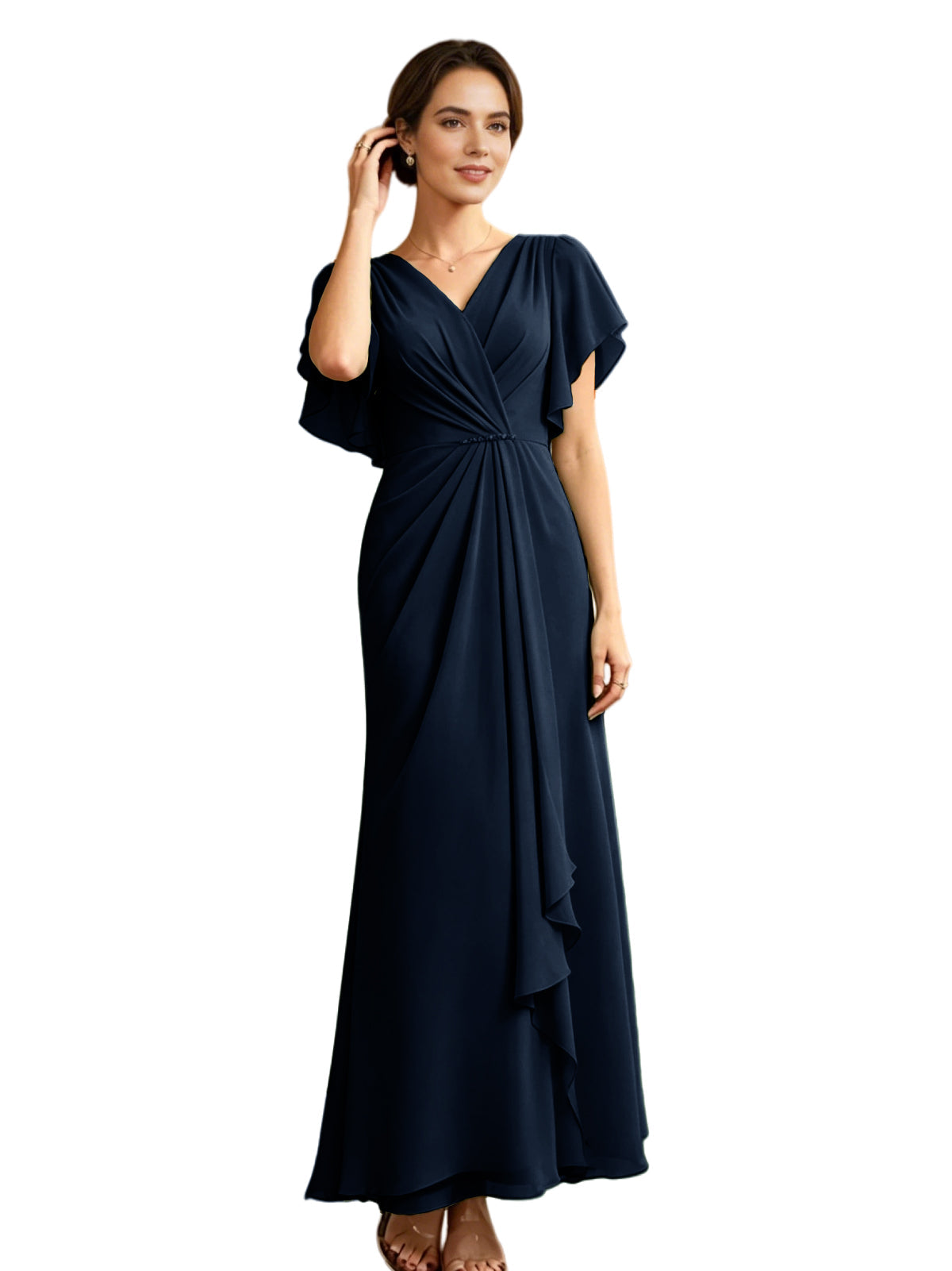 Navy V-neck chiffon mother-of-the-bride dress with flutter sleeves and draped A-line skirt
