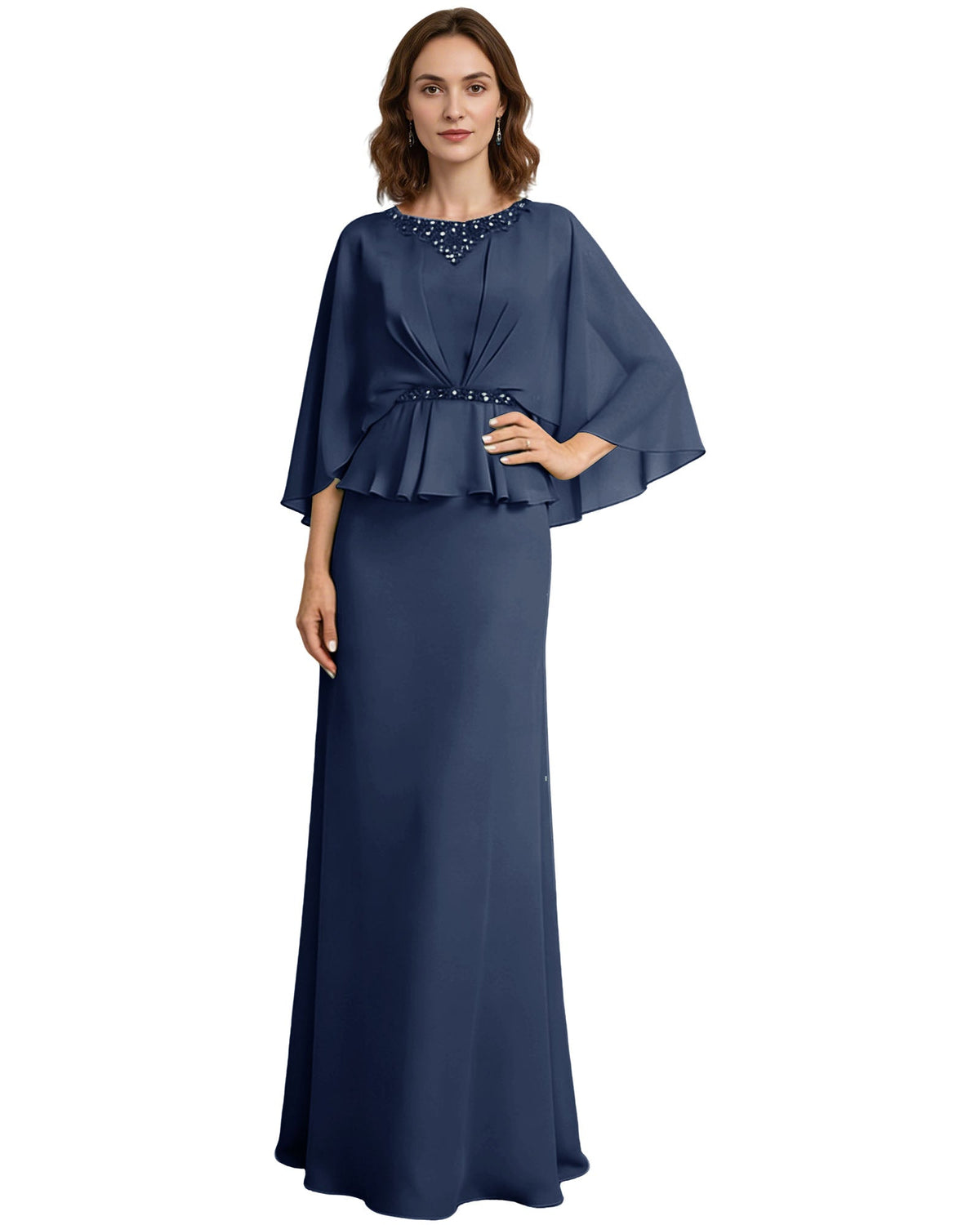 Navy blue long formal dress with beaded neckline, capelet sleeves, and peplum waist detail.