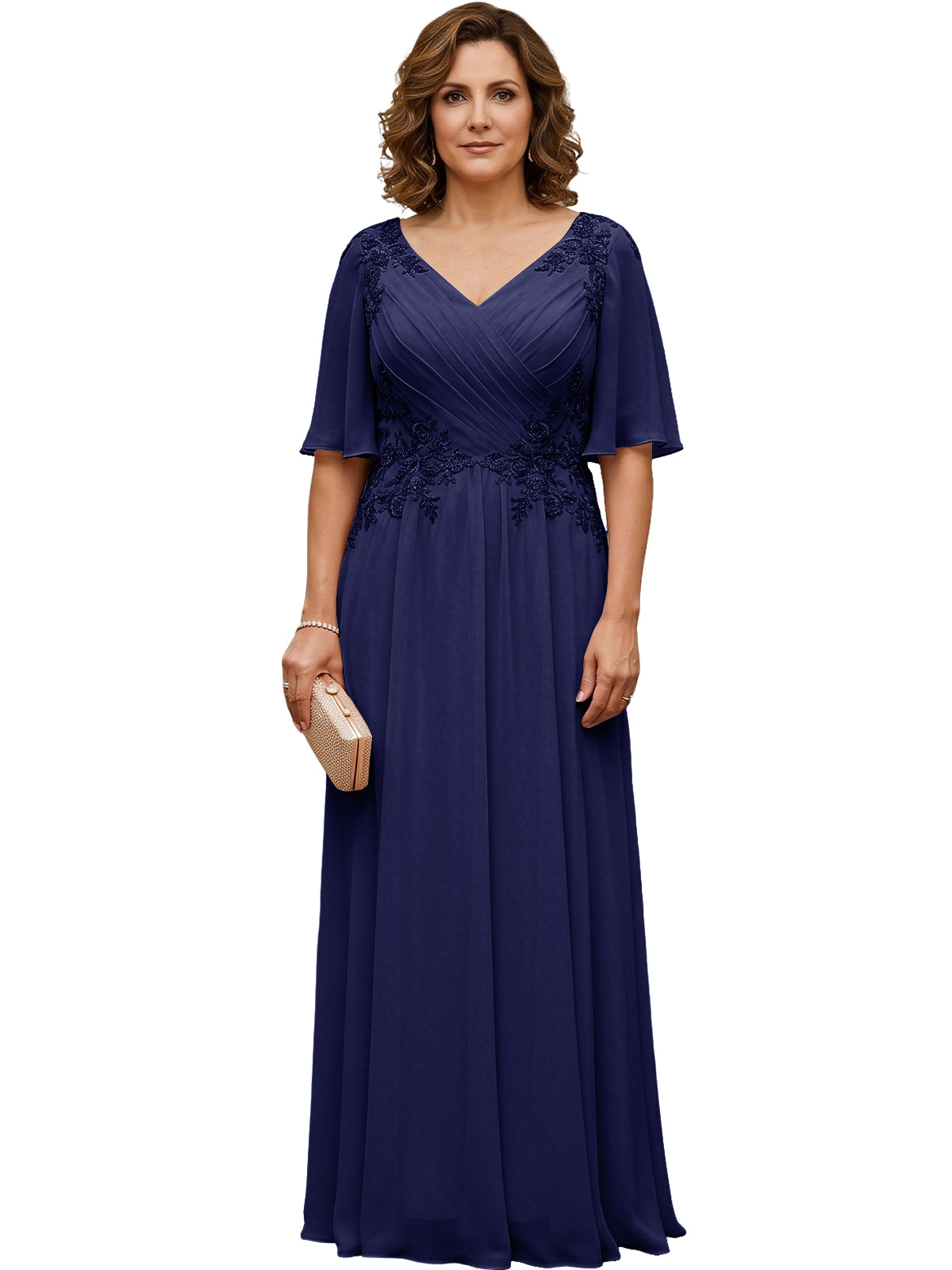 Women's long dark navy chiffon A-line gown with flutter sleeves and beaded lace detail
