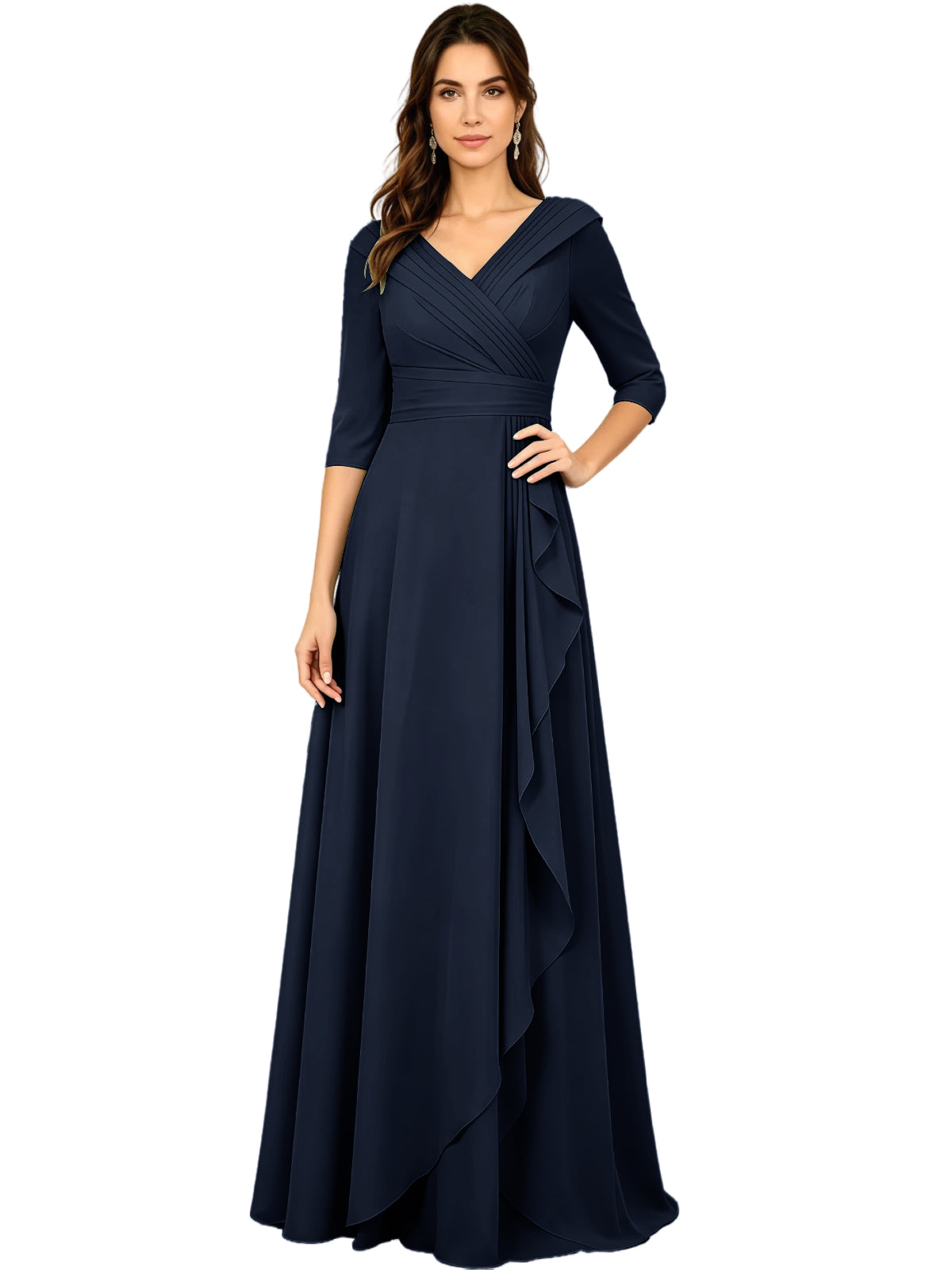 Long A-line V-neck half-sleeve chiffon dress in navy with layered side ruffle