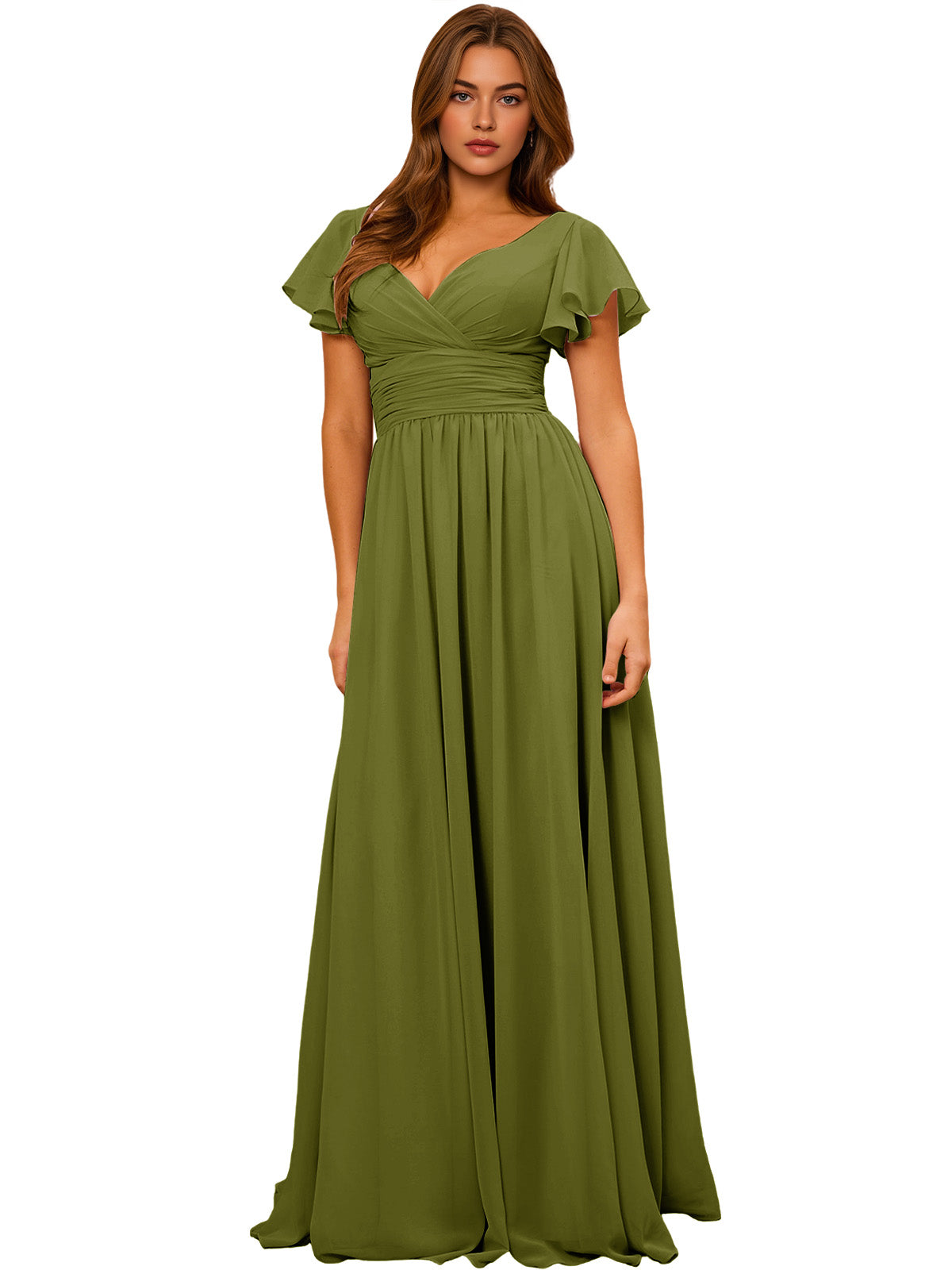 Olive green chiffon bridesmaid dress with V-neck, flutter sleeves, empire waist, long maxi skirt.