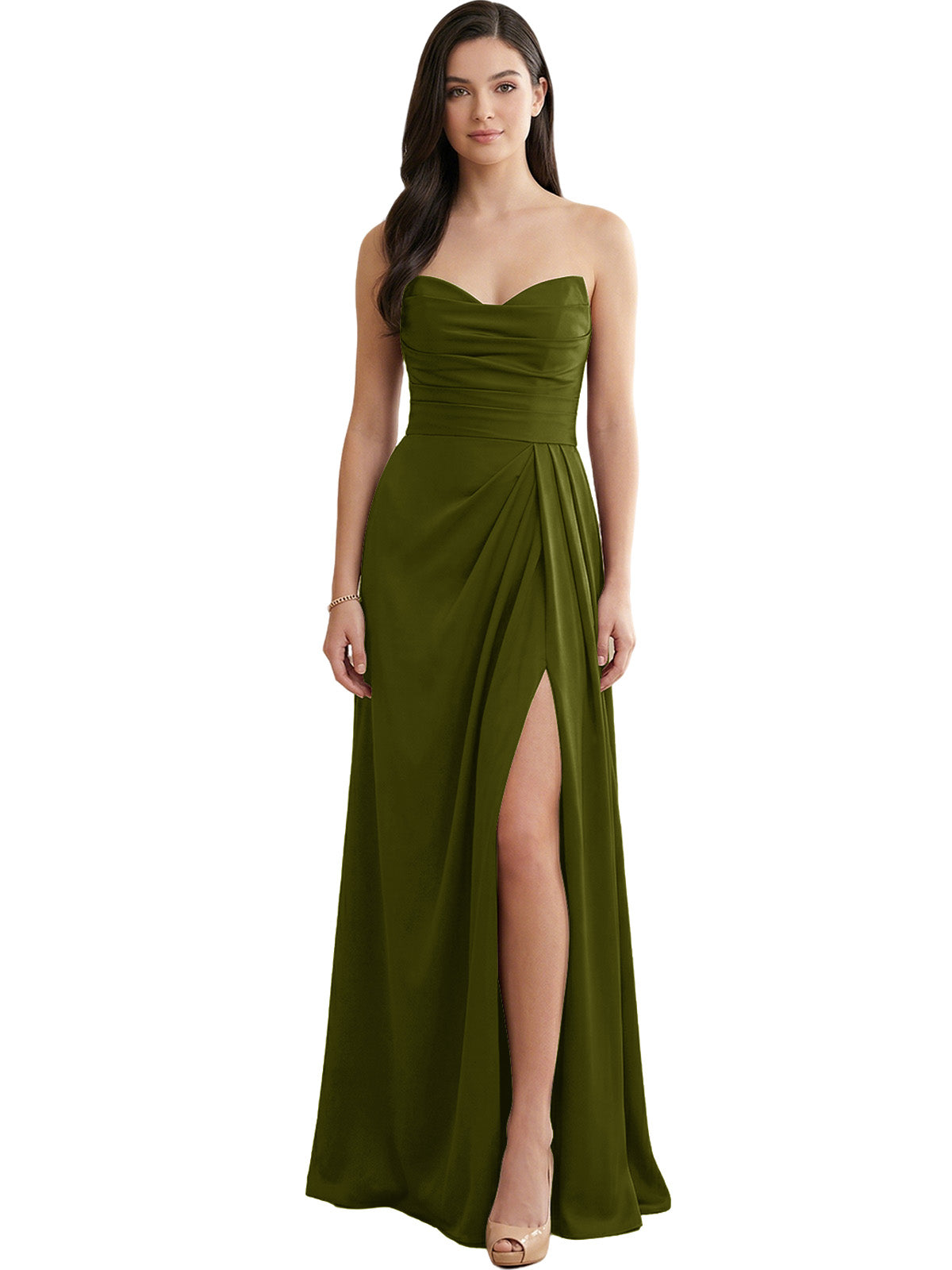 Strapless satin bridesmaid dress in olive green with pleats and side slit
