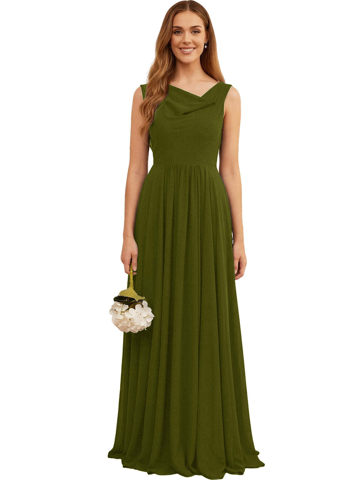 Green sleeveless chiffon bridesmaid dress with pleated skirt and jewel neckline