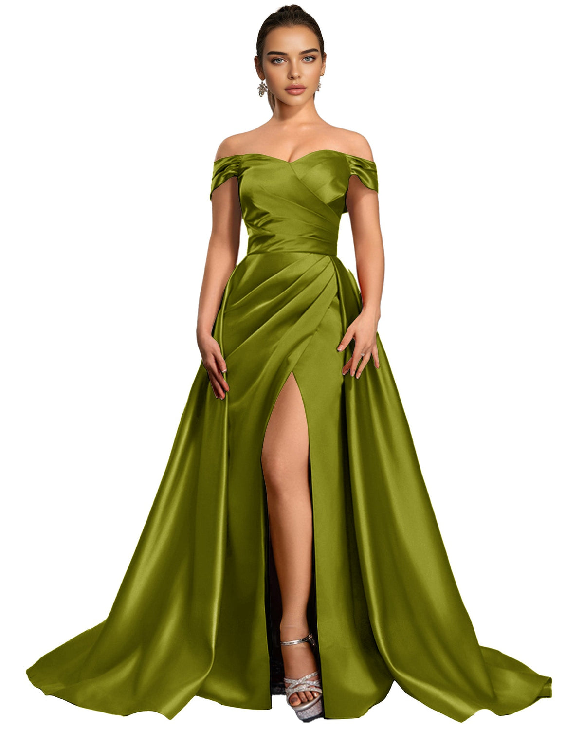 Off-shoulder satin ball gown in olive green, draped bodice and thigh slit skirt