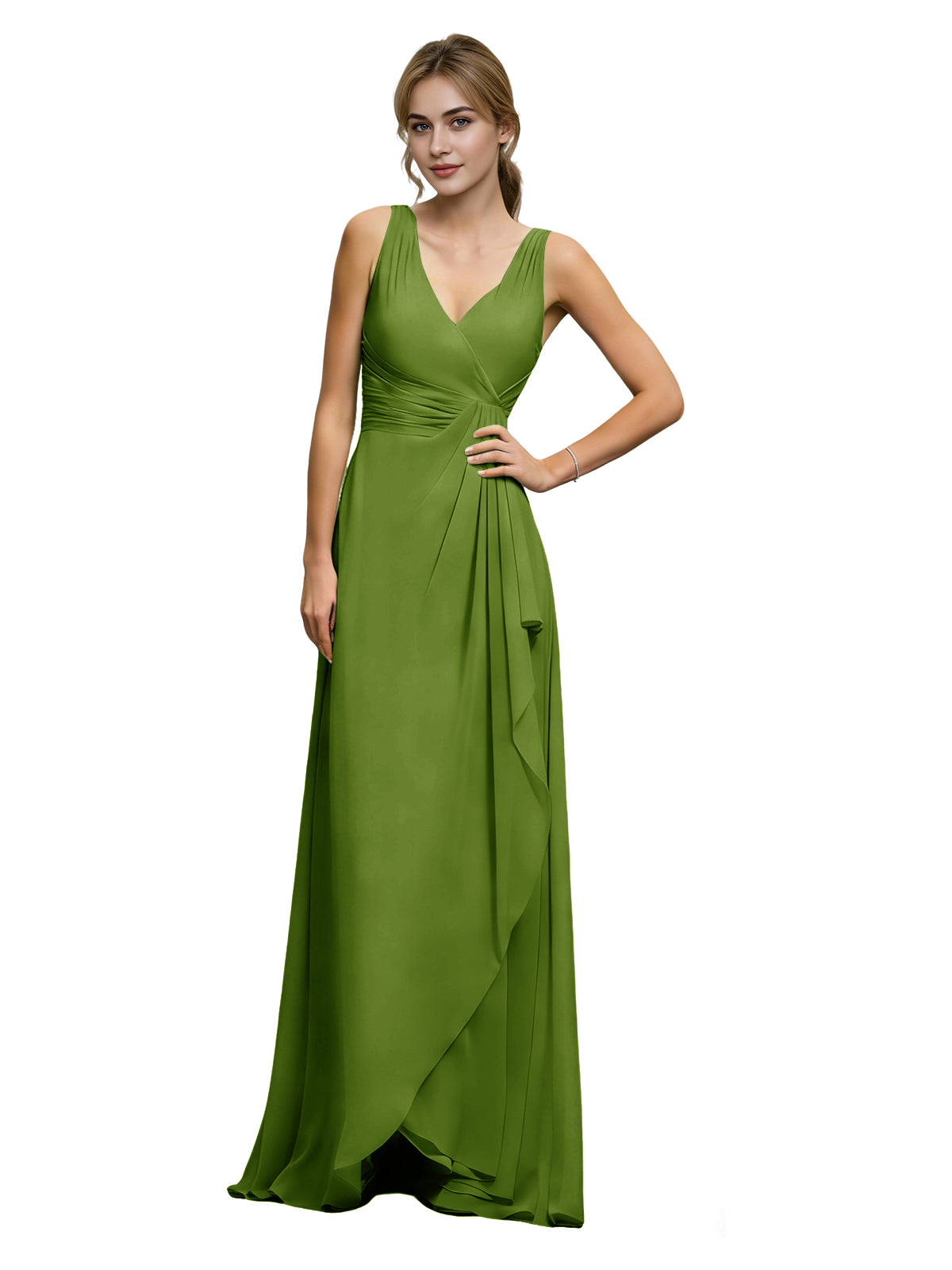 Green halter V-neck chiffon bridesmaid dress with draped sash waist