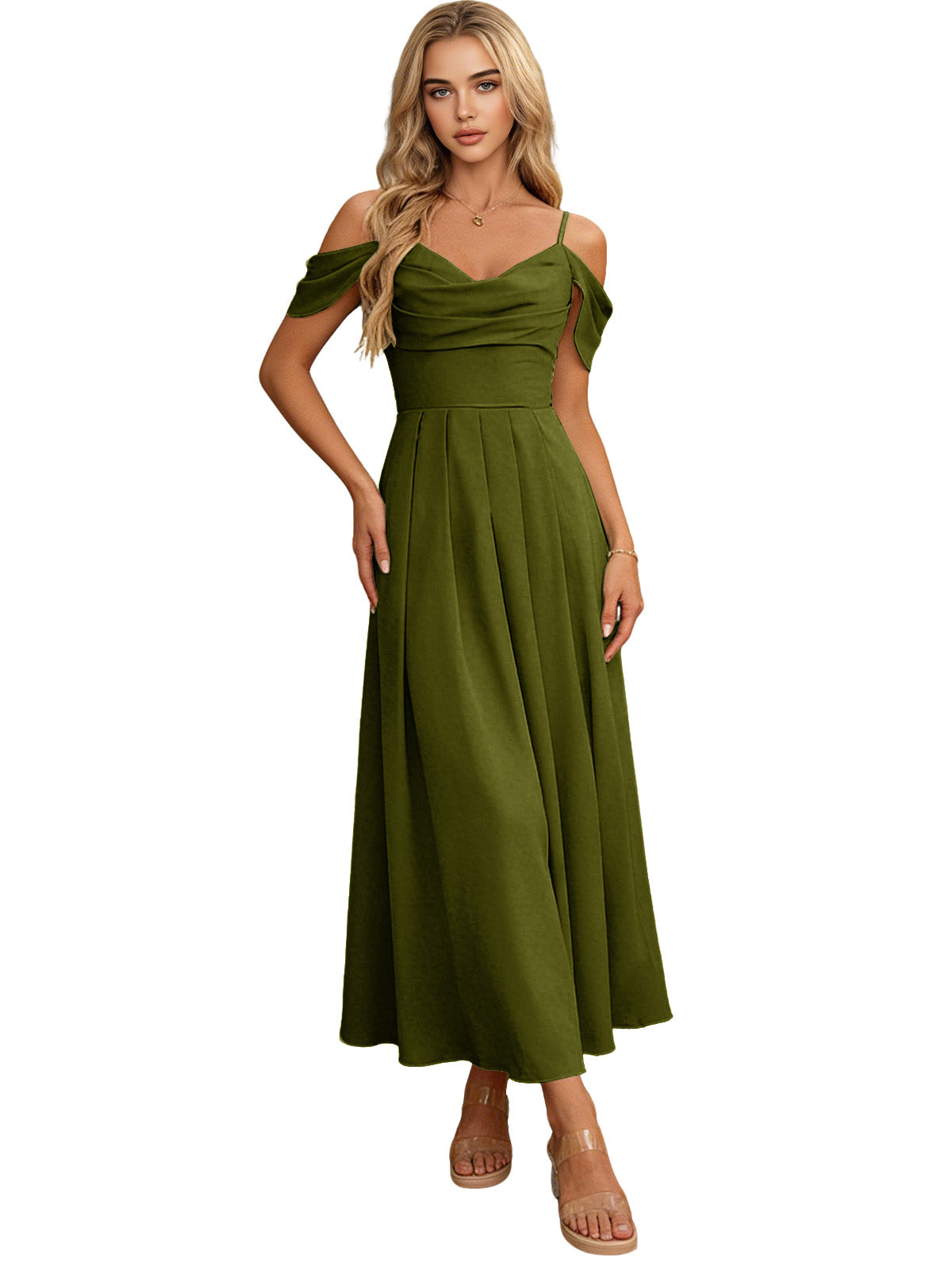 Olive green off-shoulder midi bridesmaid dress with pleated bodice and flowing skirt