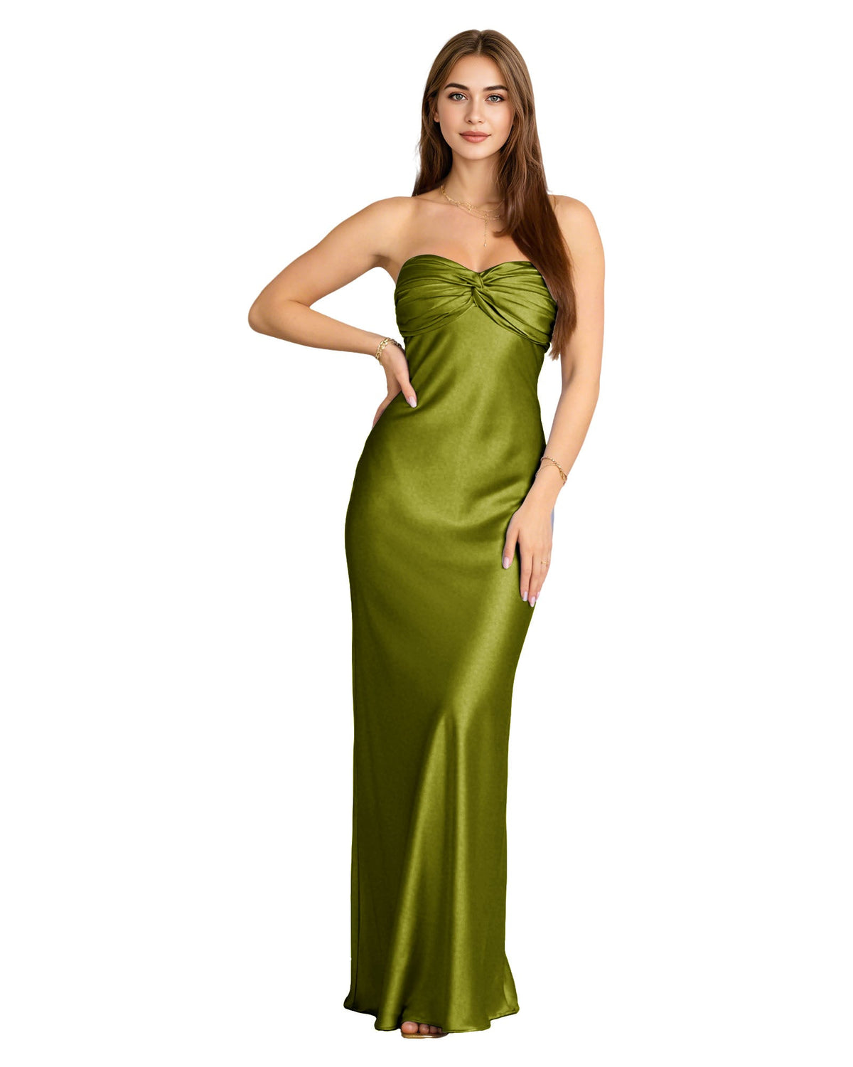 Strapless satin bridesmaid dress in olive green with twisted sweetheart bodice
