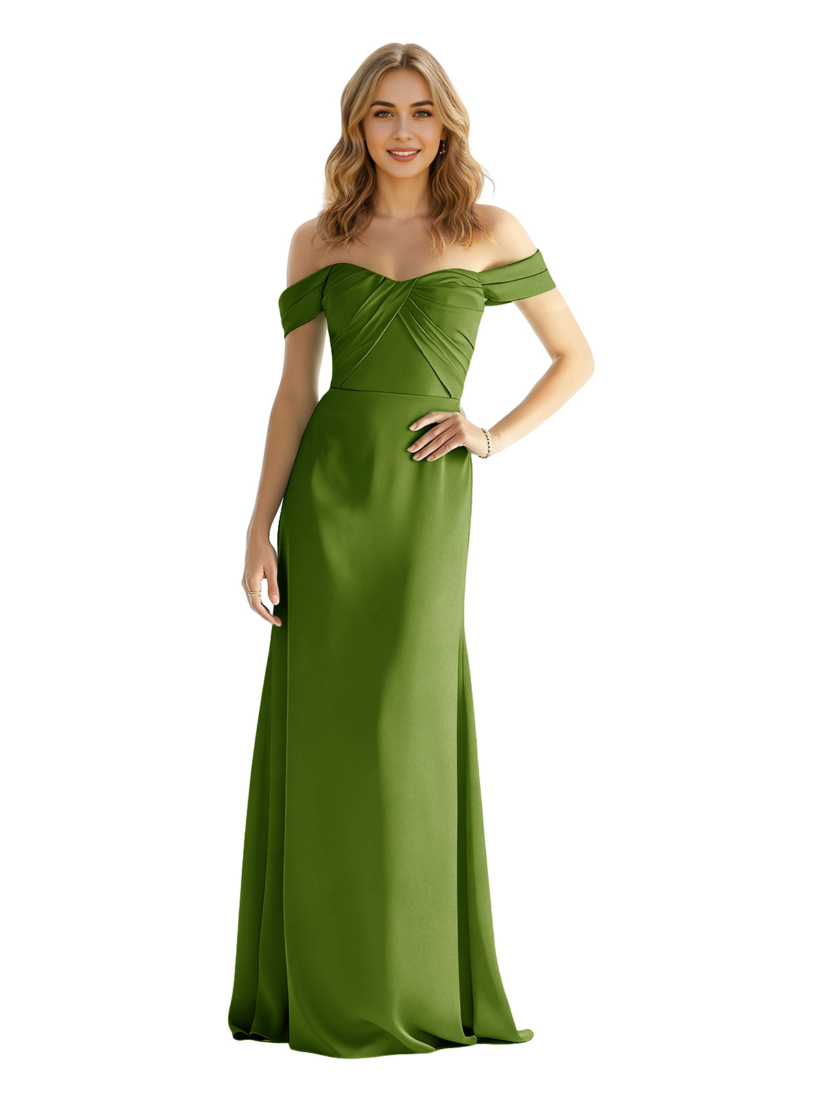Green satin off-shoulder bridesmaid dress with wrapped sweetheart bodice