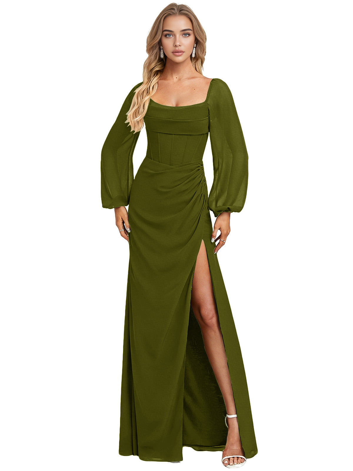 Olive green satin bridesmaid dress with square neckline, long puff sleeves, side slit