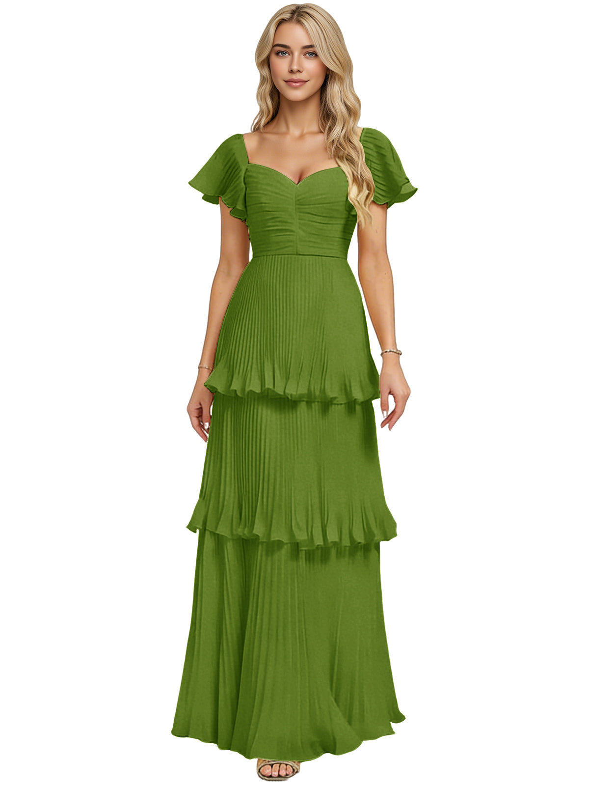 Tiered ruffle chiffon bridesmaid dress, green, sweetheart neckline