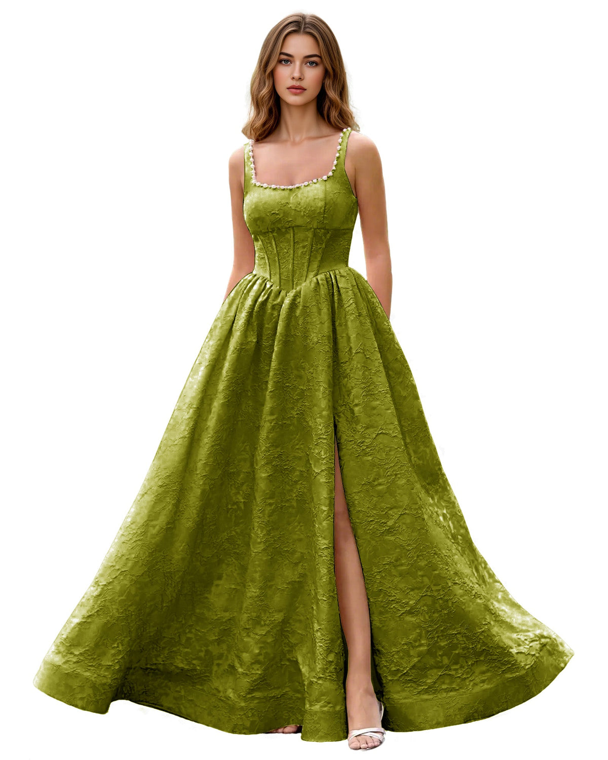 Emerald green square-neck jacquard ball gown with wide straps and front slit