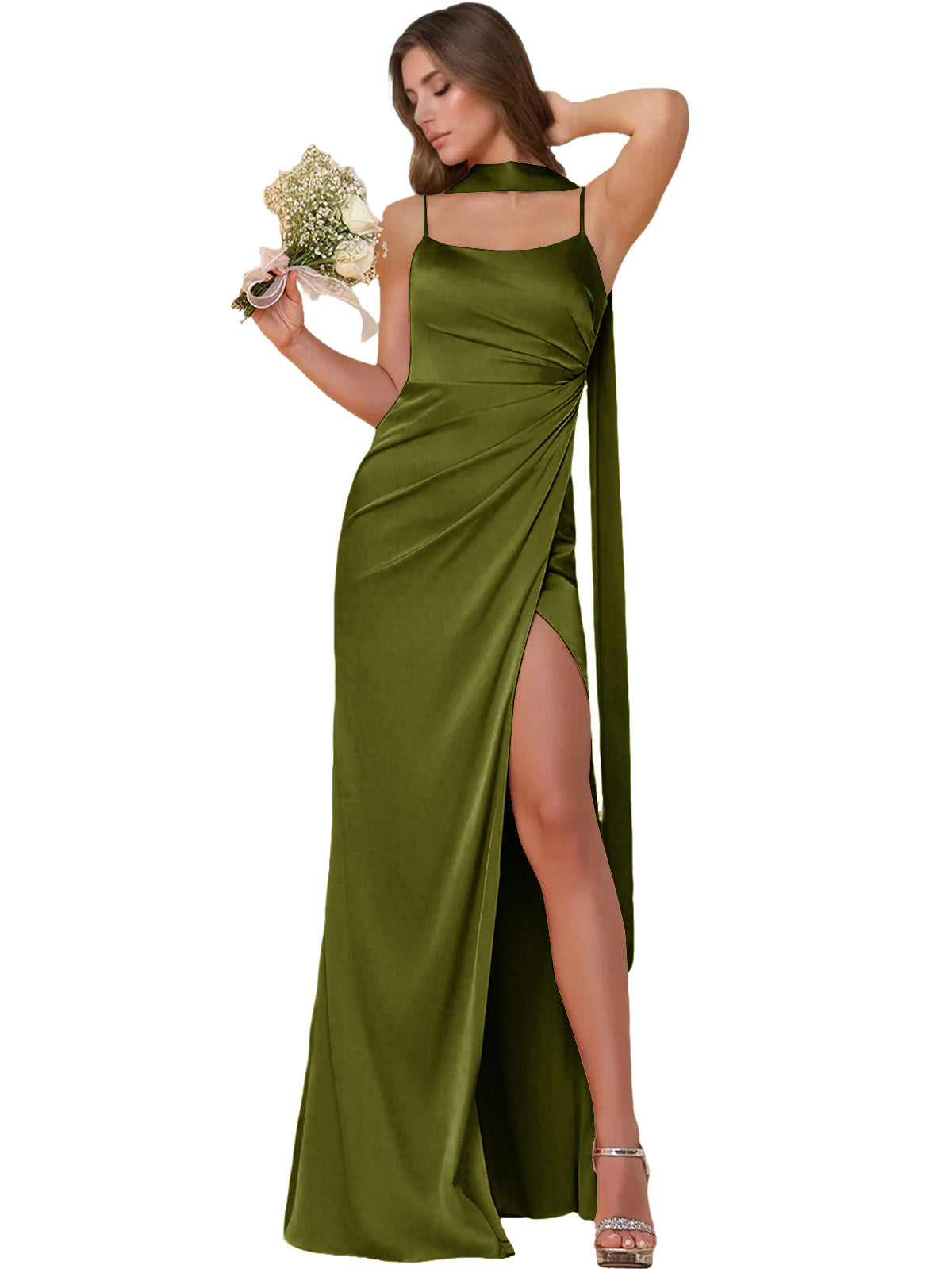 One-shoulder satin bridesmaid dress in olive green, ruched drape, high slit