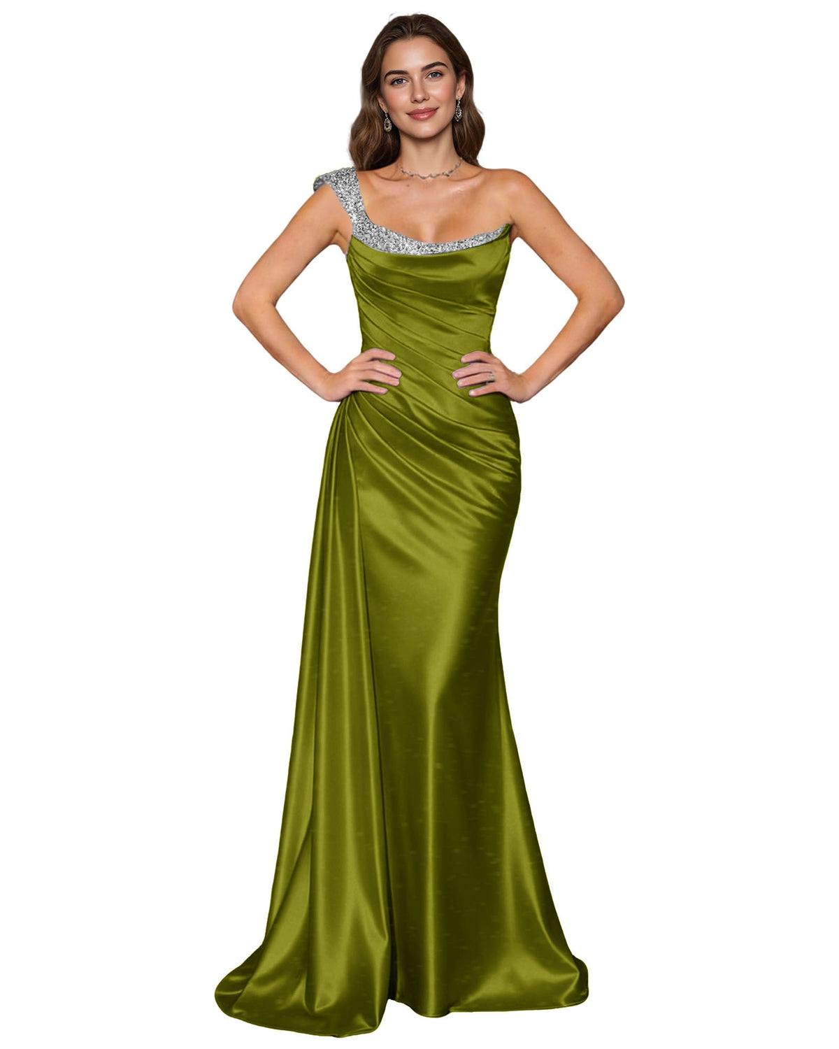 Olive green satin mermaid prom dress with rhinestone-trim spaghetti straps and cowl neck