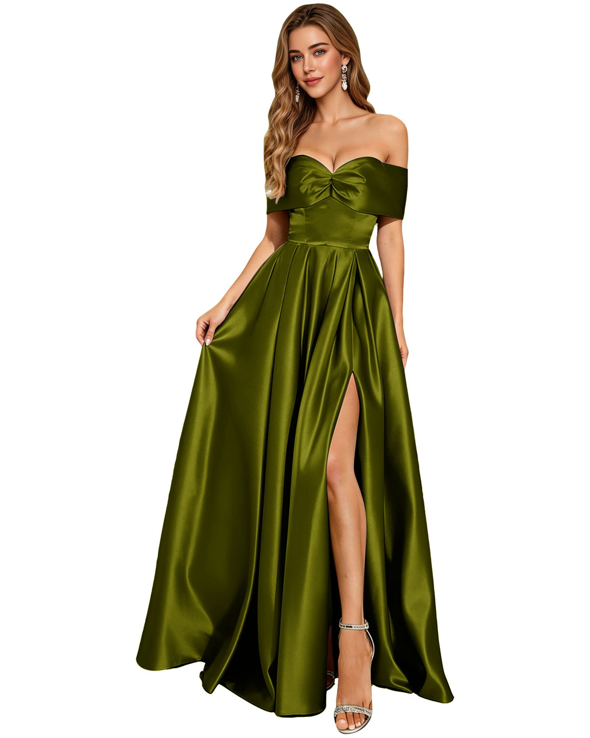 Emerald green satin off-shoulder A-line prom dress with bow bodice pleats and leg slit