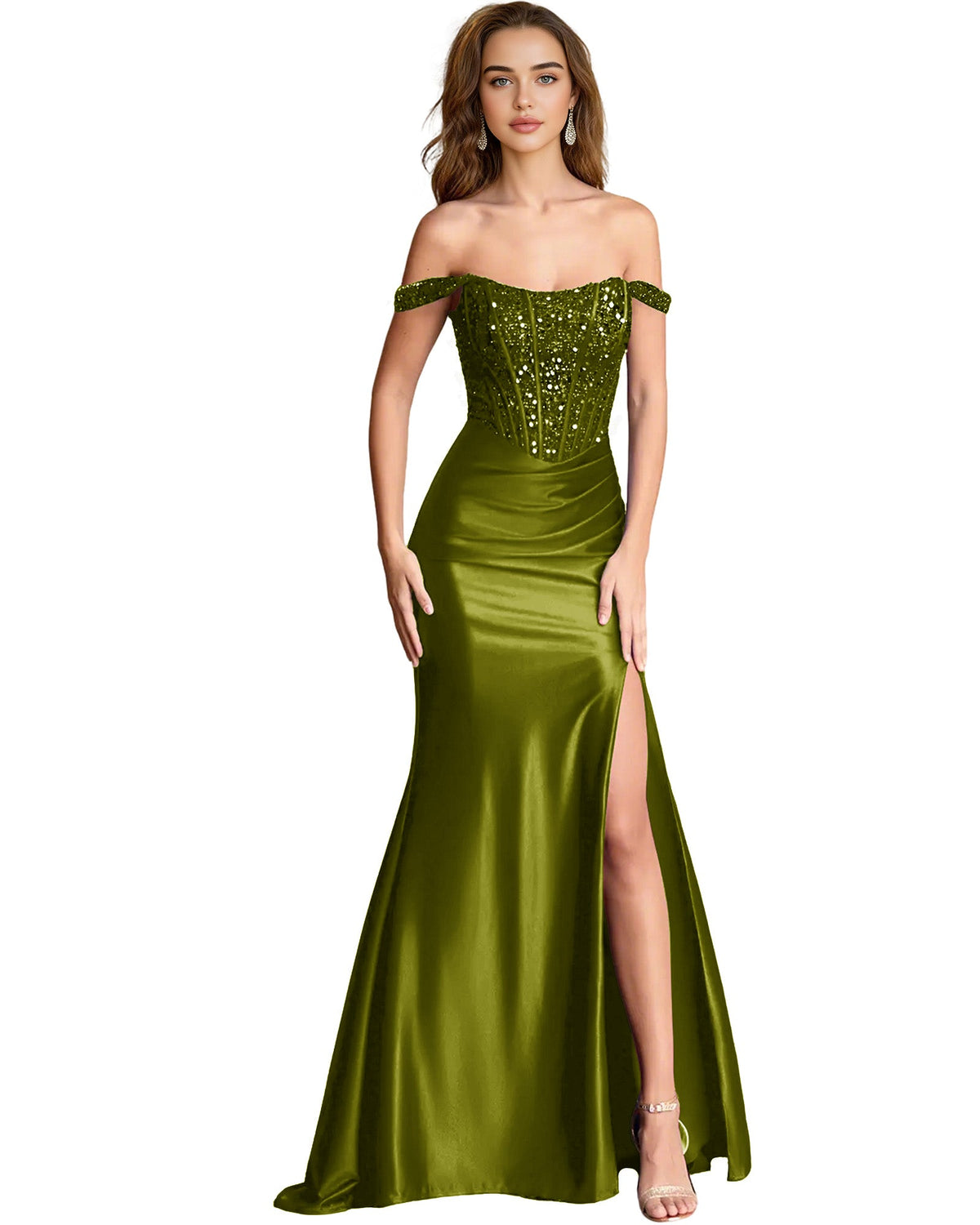 Off-shoulder sequin satin mermaid dress with draped slit, olive green
