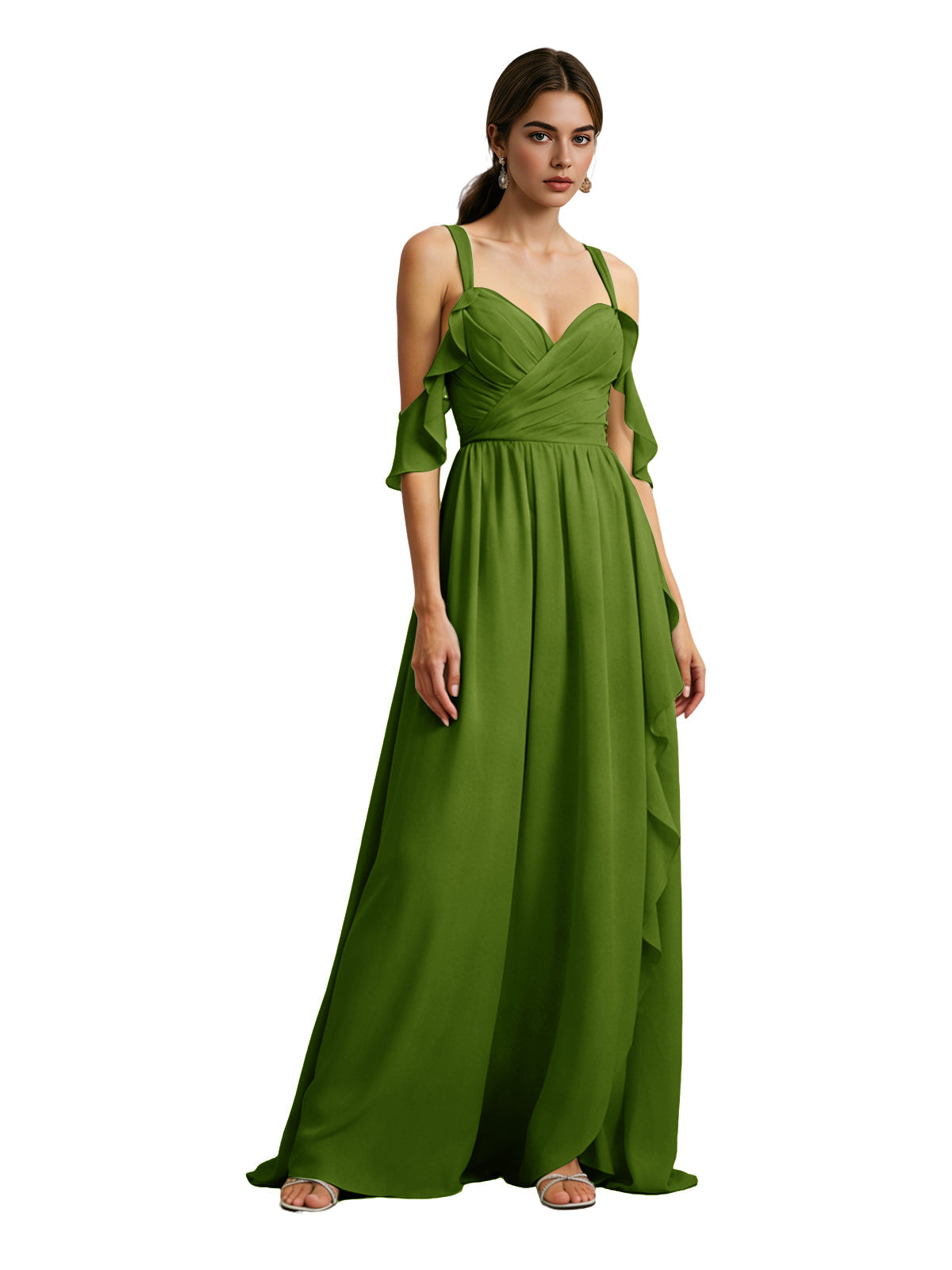 Cold-shoulder chiffon bridesmaid dress in vibrant green, draped V-neck bodice, ruffled off-shoulder sleeves