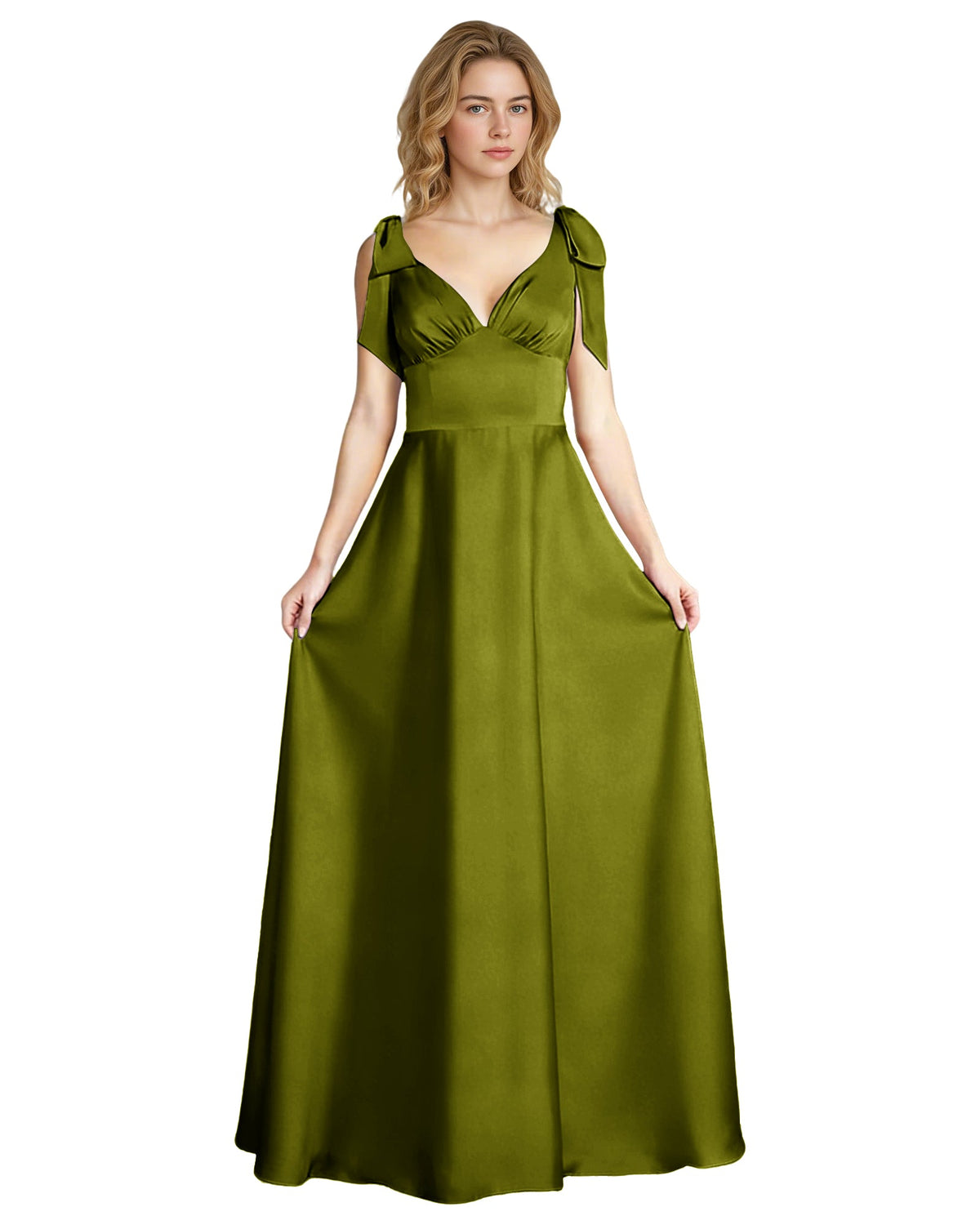 Olive green satin V-neck empire waist bridesmaid dress with bow straps