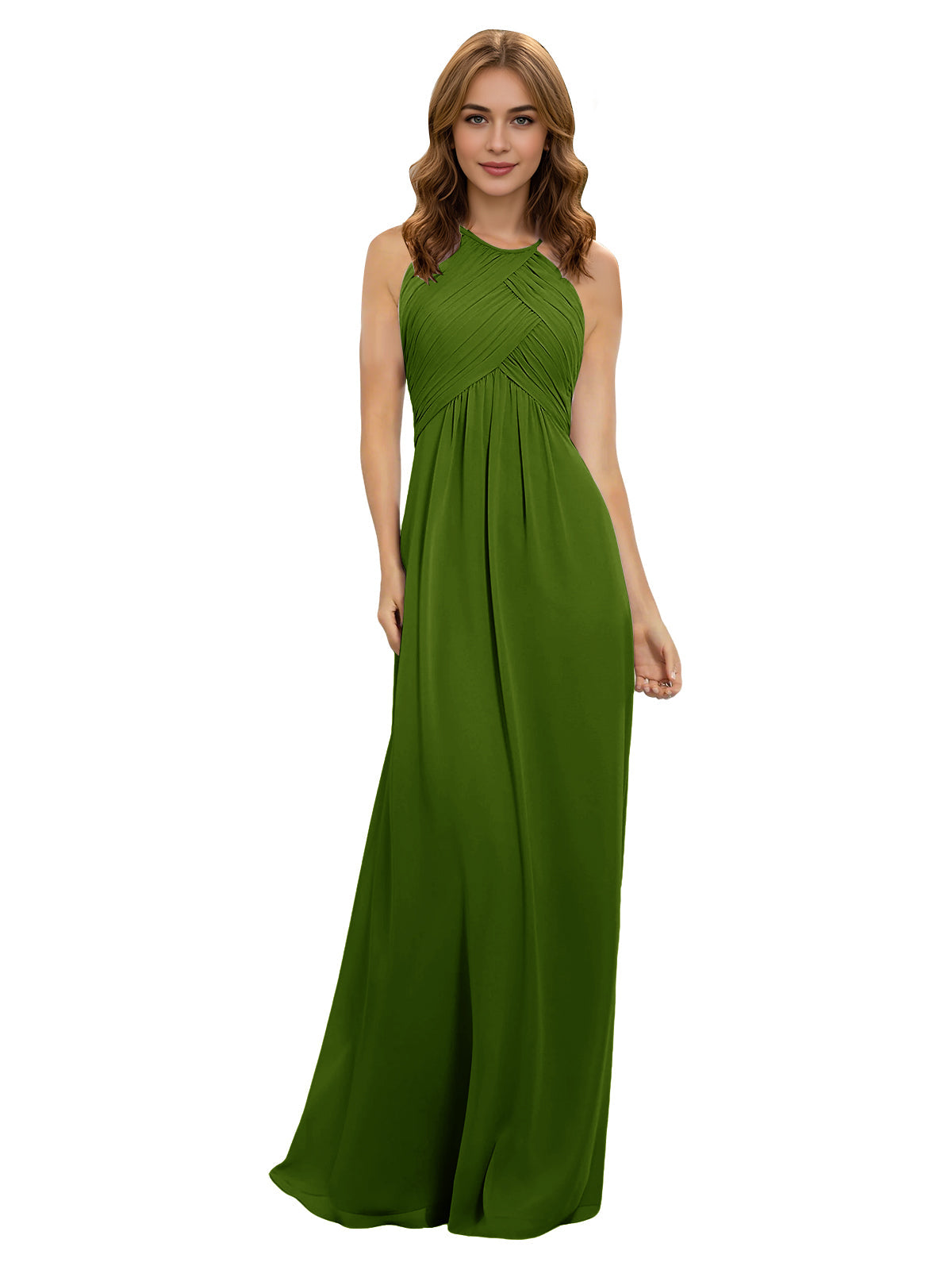 Green chiffon bridesmaid dress with twisted halter neckline and keyhole bodice
