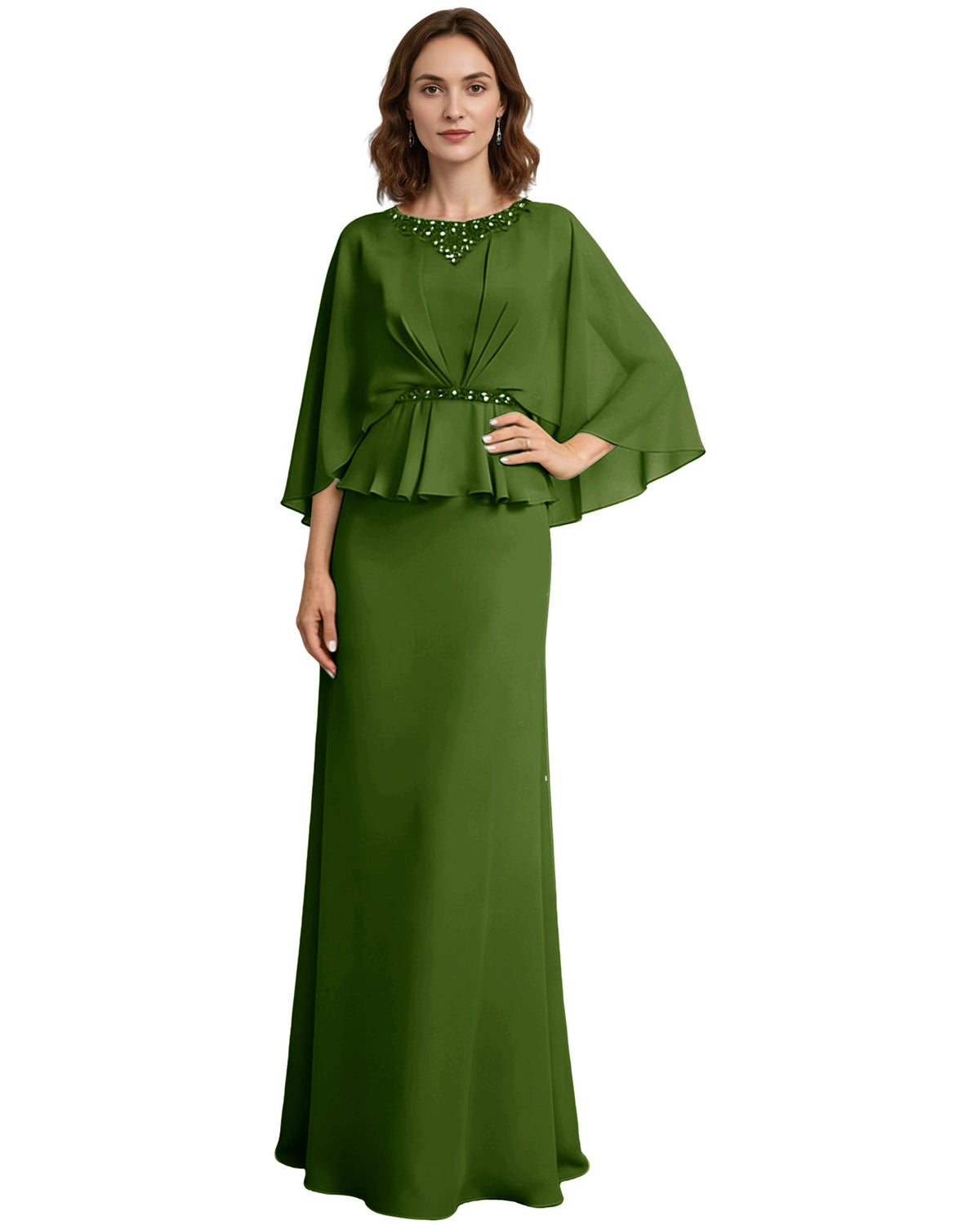 Green long formal gown with beaded neckline, capelet sleeves, and peplum waist detail.