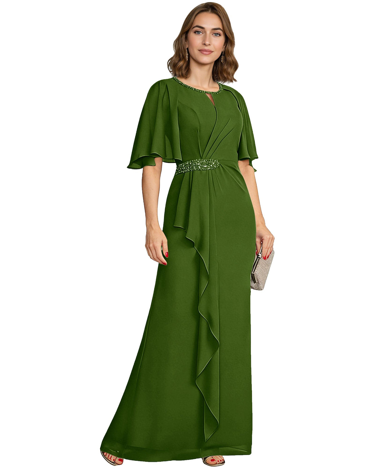 Forest green chiffon A-line formal gown with flutter sleeves and beaded waist detail.