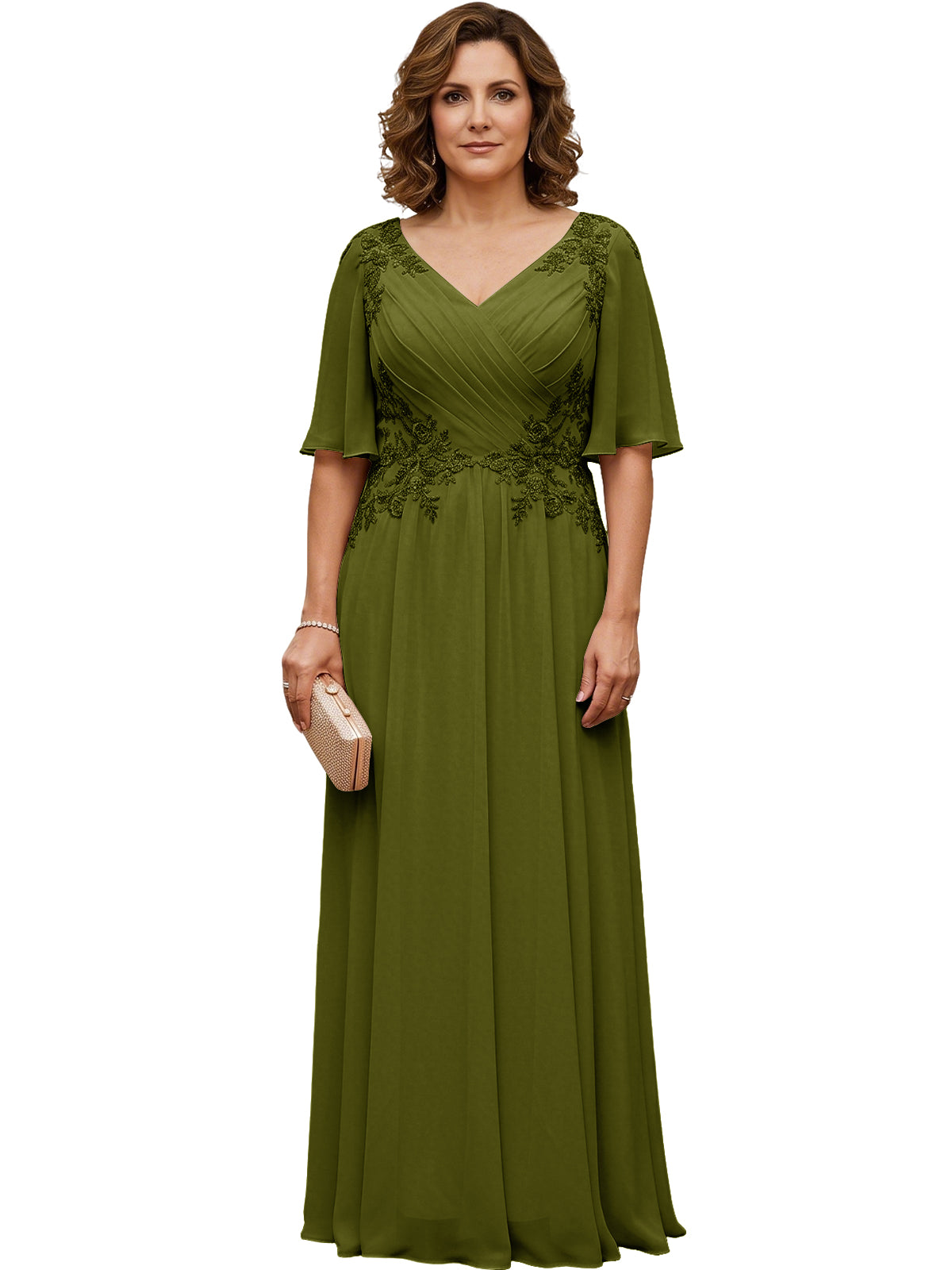 Women's long olive green chiffon A-line gown with flutter sleeves and beaded lace detail