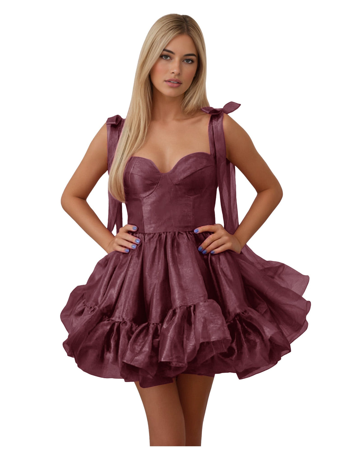 Purple satin corset homecoming dress with bow-shoulder straps and tiered ruffle skirt