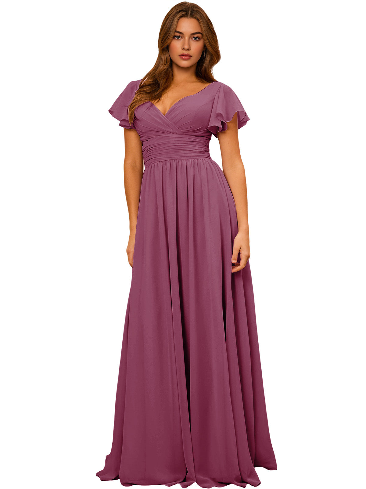 Lavender chiffon bridesmaid dress with V-neck, flutter sleeves, empire waist, long maxi skirt.