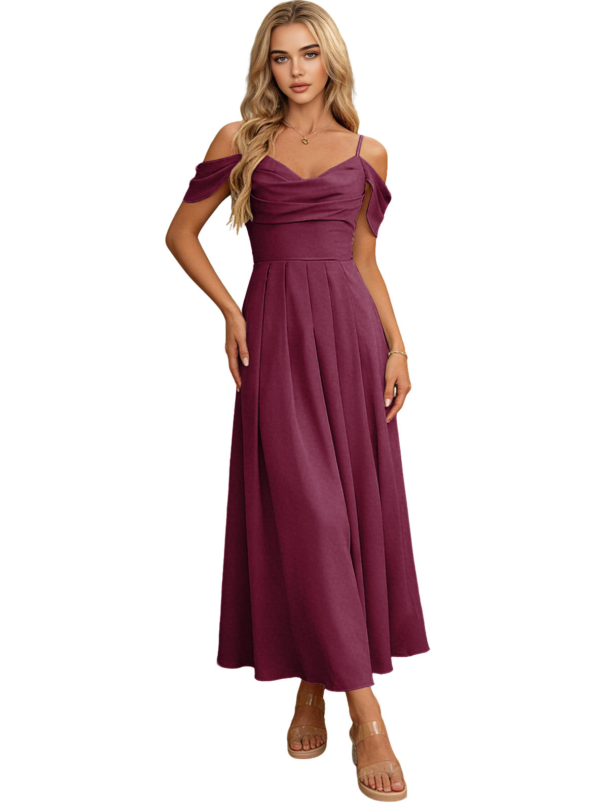 Rose plum off-shoulder midi bridesmaid dress with pleated bodice and flowing skirt